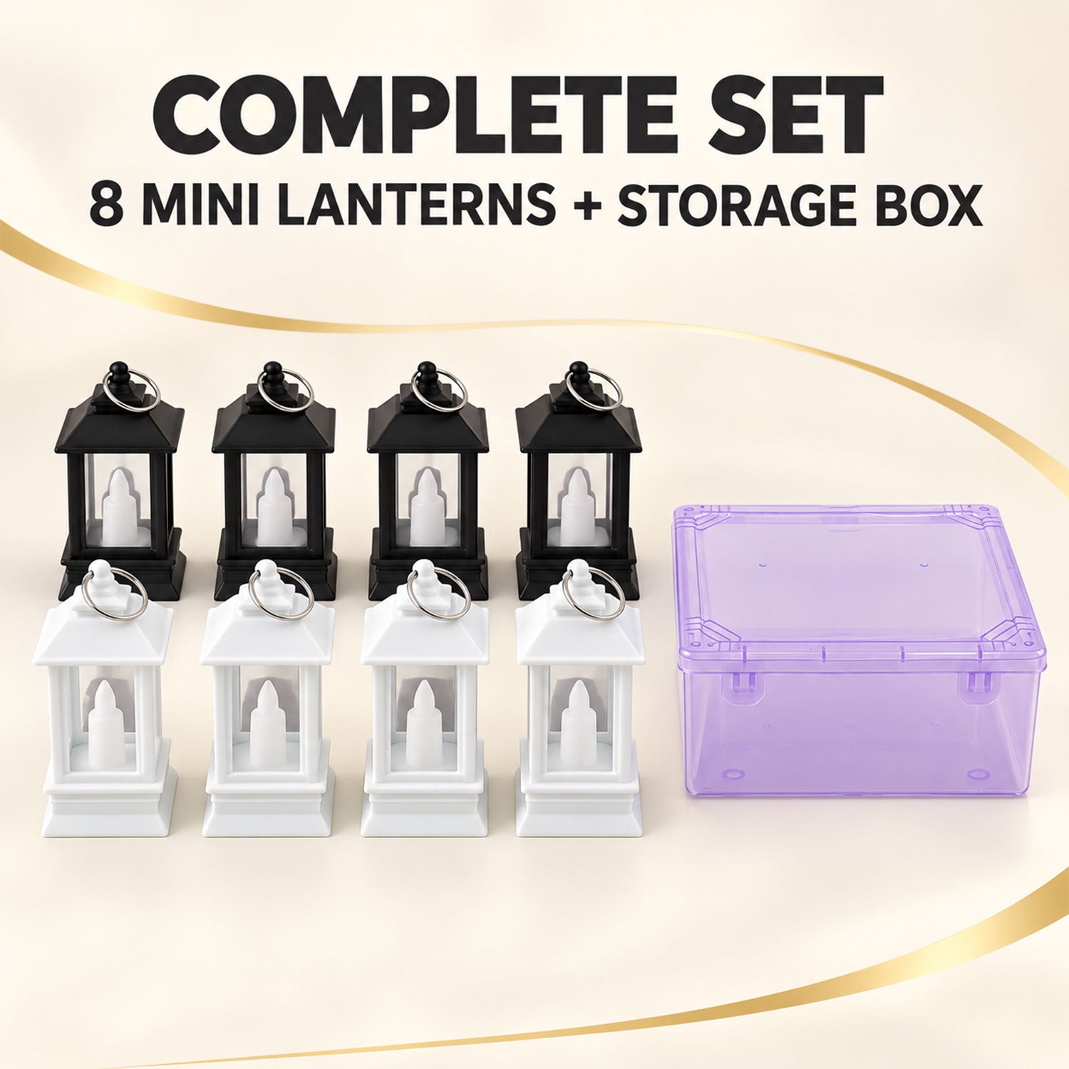 Eight small black and white lanterns are neatly arranged in two rows next to a translucent purple storage box on a