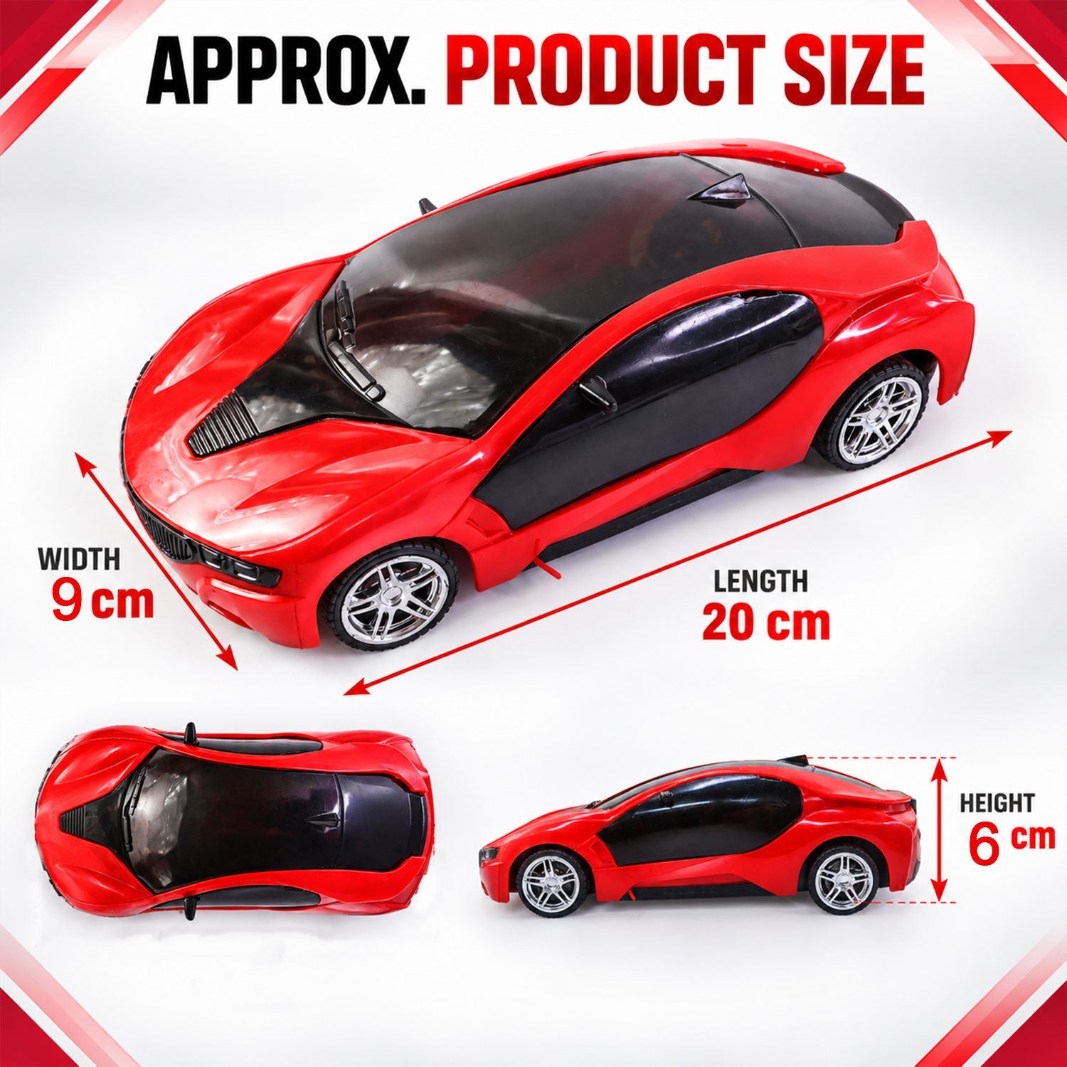 Detailed view of the RC sports car toy's wheels and body design