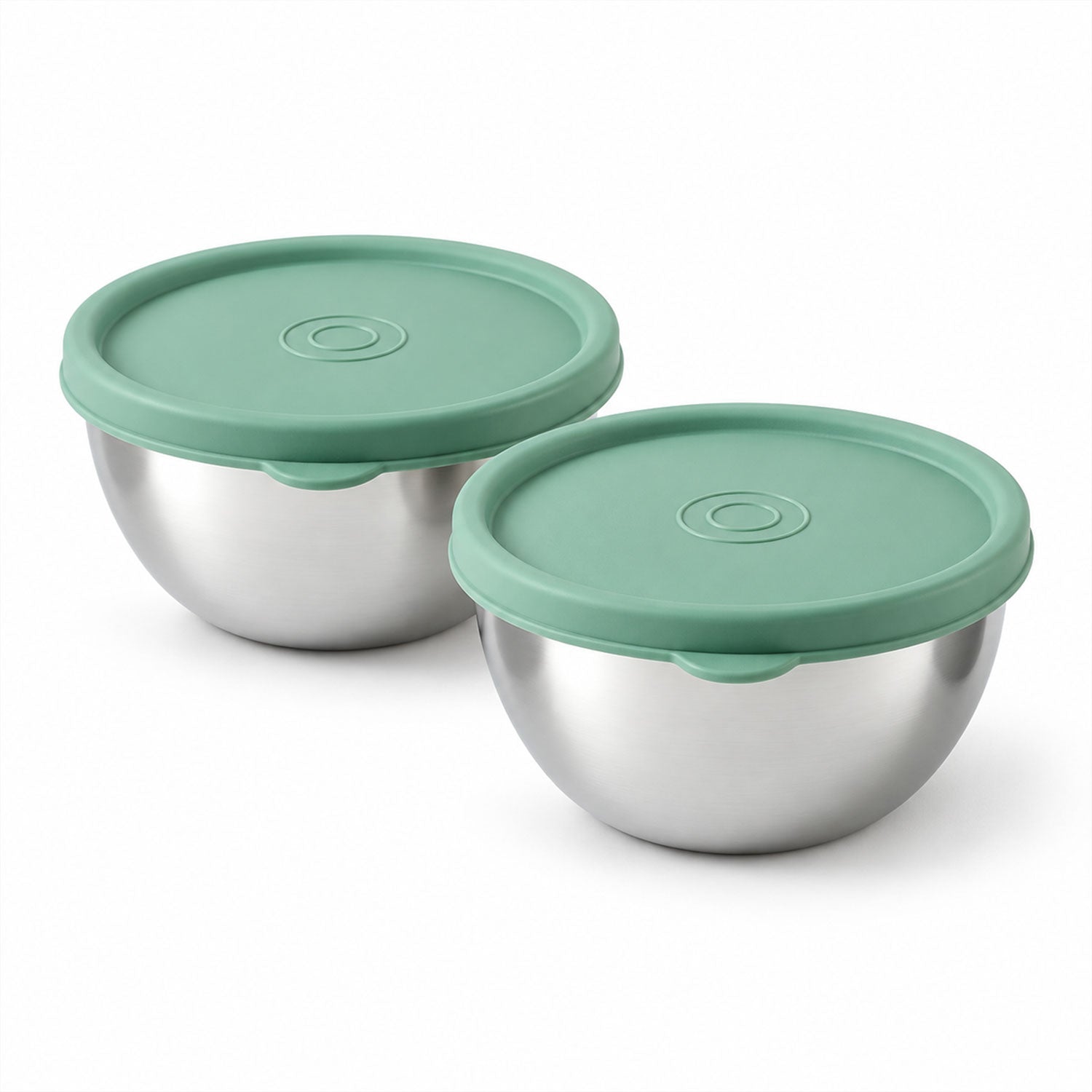 Two identical stainless steel bowls with matching green silicone lids, presented on a clean white background.