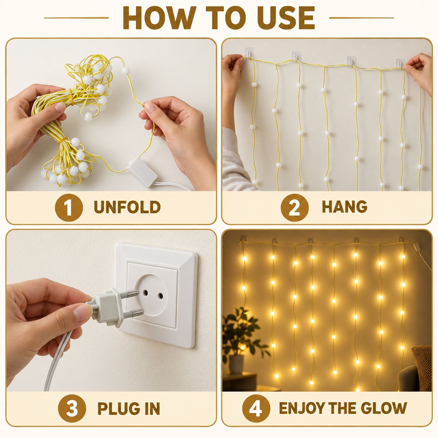 A four-step guide on how to use the warm white bulb string lights: unfold, hang, plug in, and enjoy the glow.