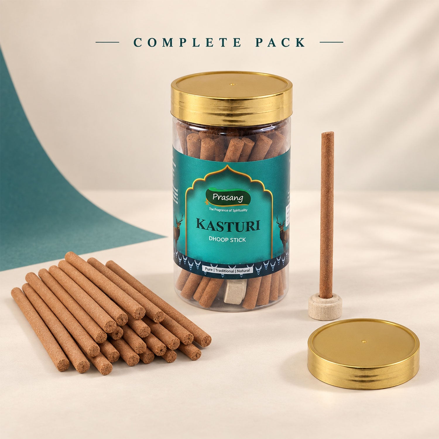 A complete pack of dhoop sticks, with a full jar, loose sticks, and the gold lid beside it.