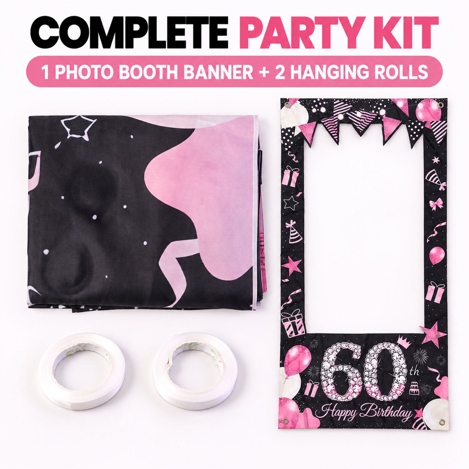 A folded black and pink photo booth banner, two white hanging rolls, and the assembled photo booth frame laid flat.