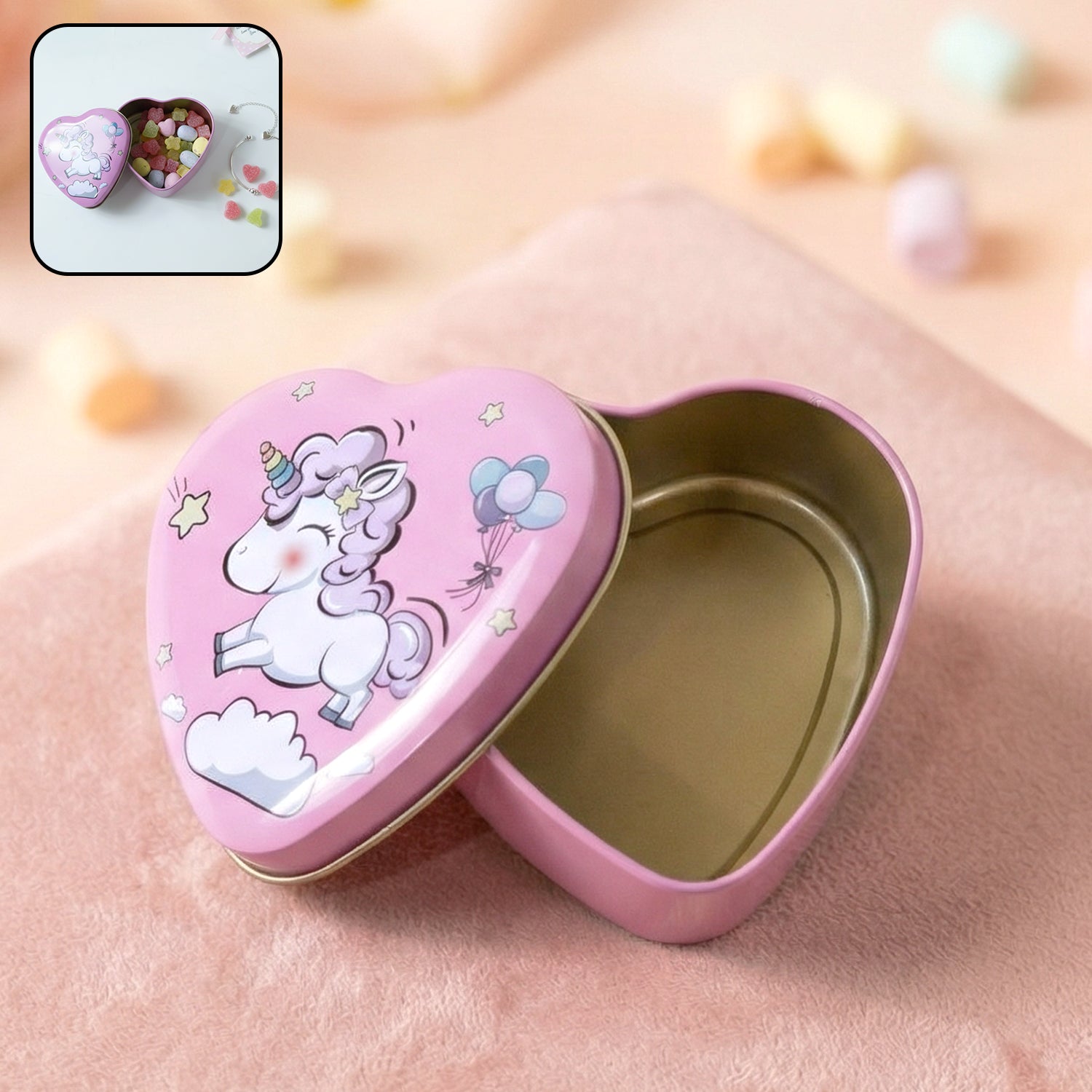 Heart shaped storage box with unicorn print