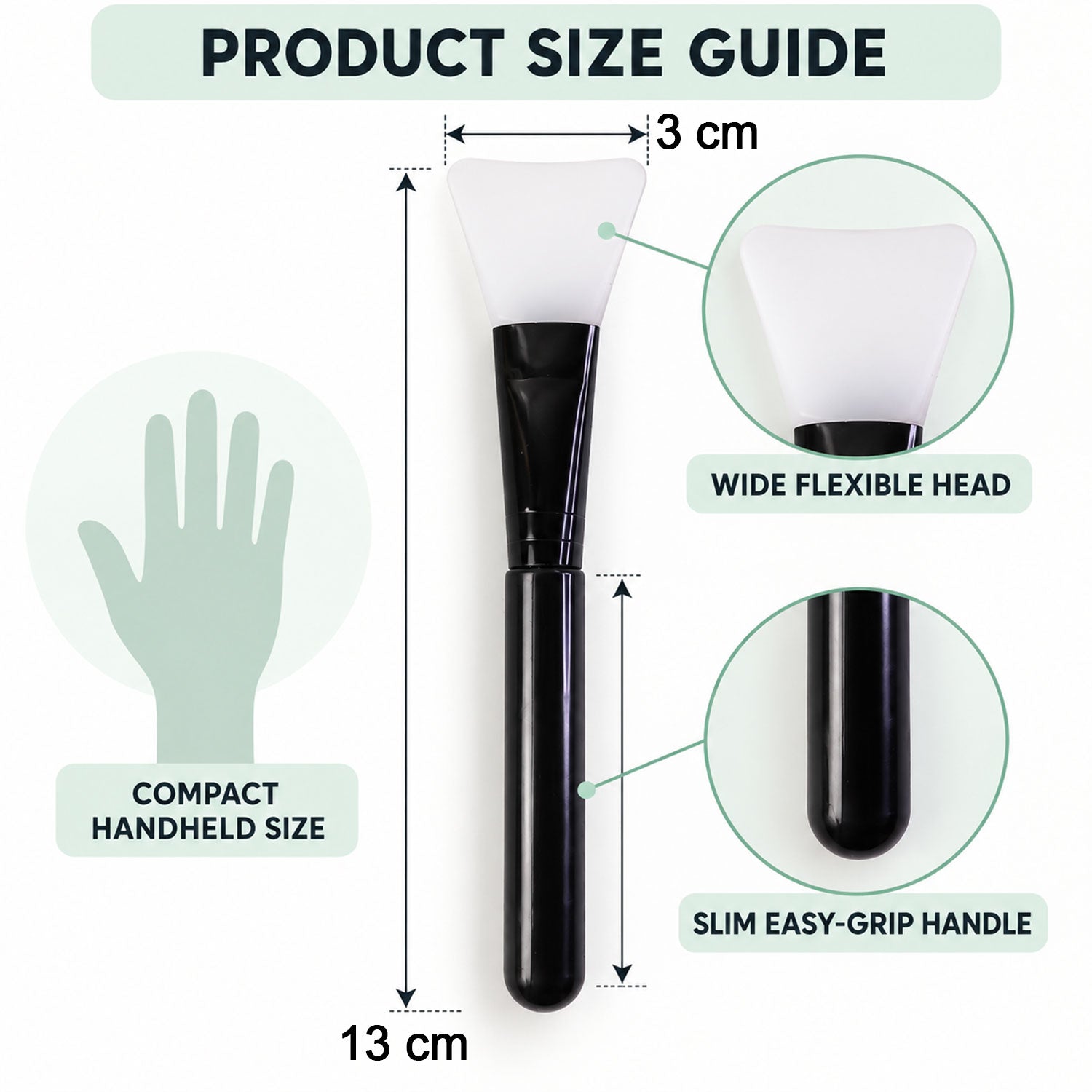 A black and white silicone mask brush is shown with measurements, indicating a 13 cm length and a 3 cm wide head, alongside