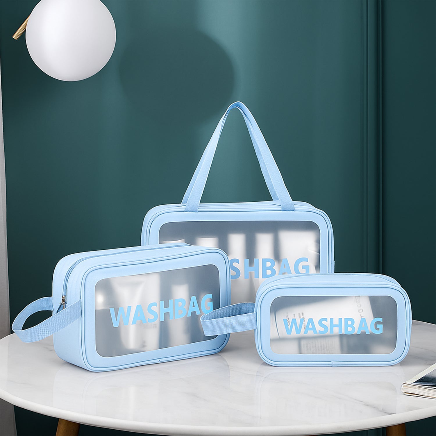 Travel toiletry bags open with contents inside