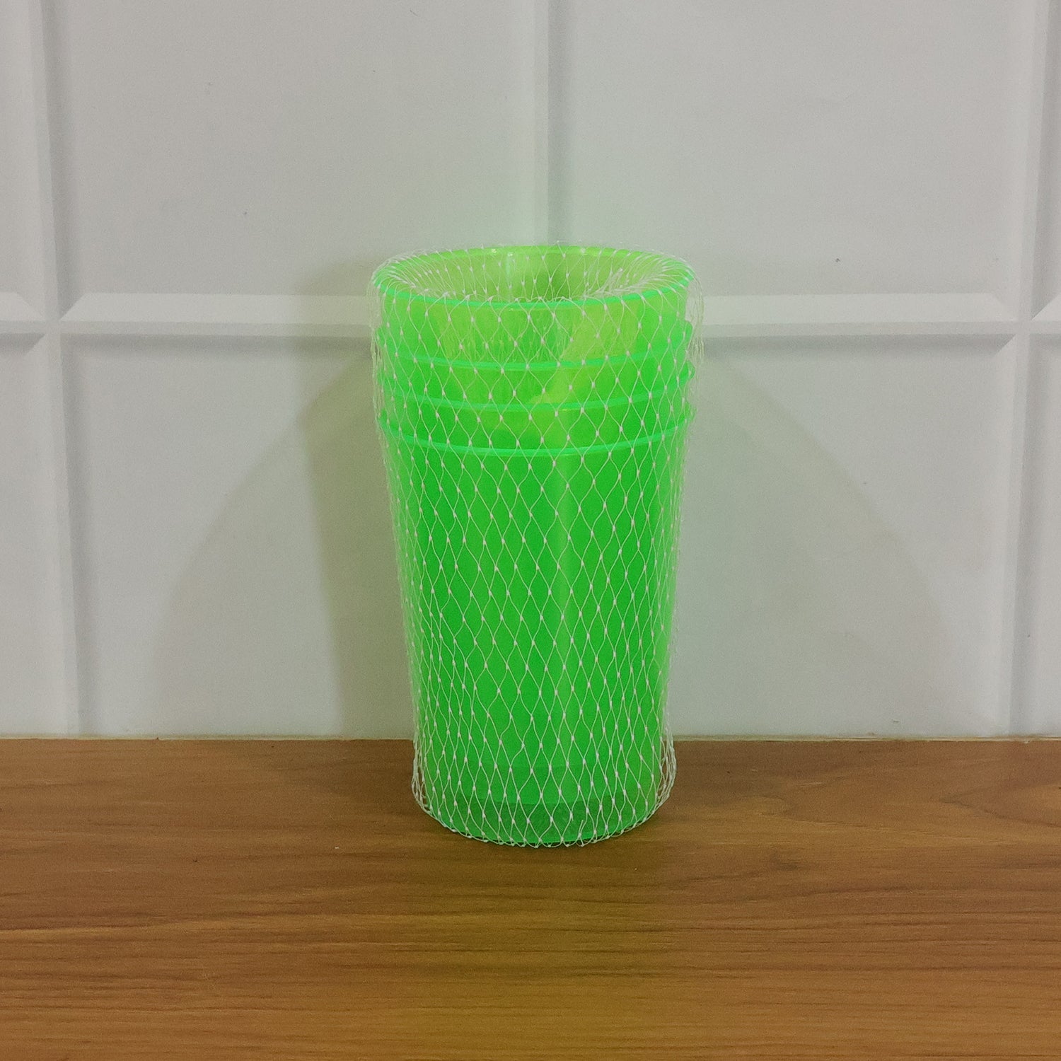 Plastic drinking tumblers set ready for serving beverages
