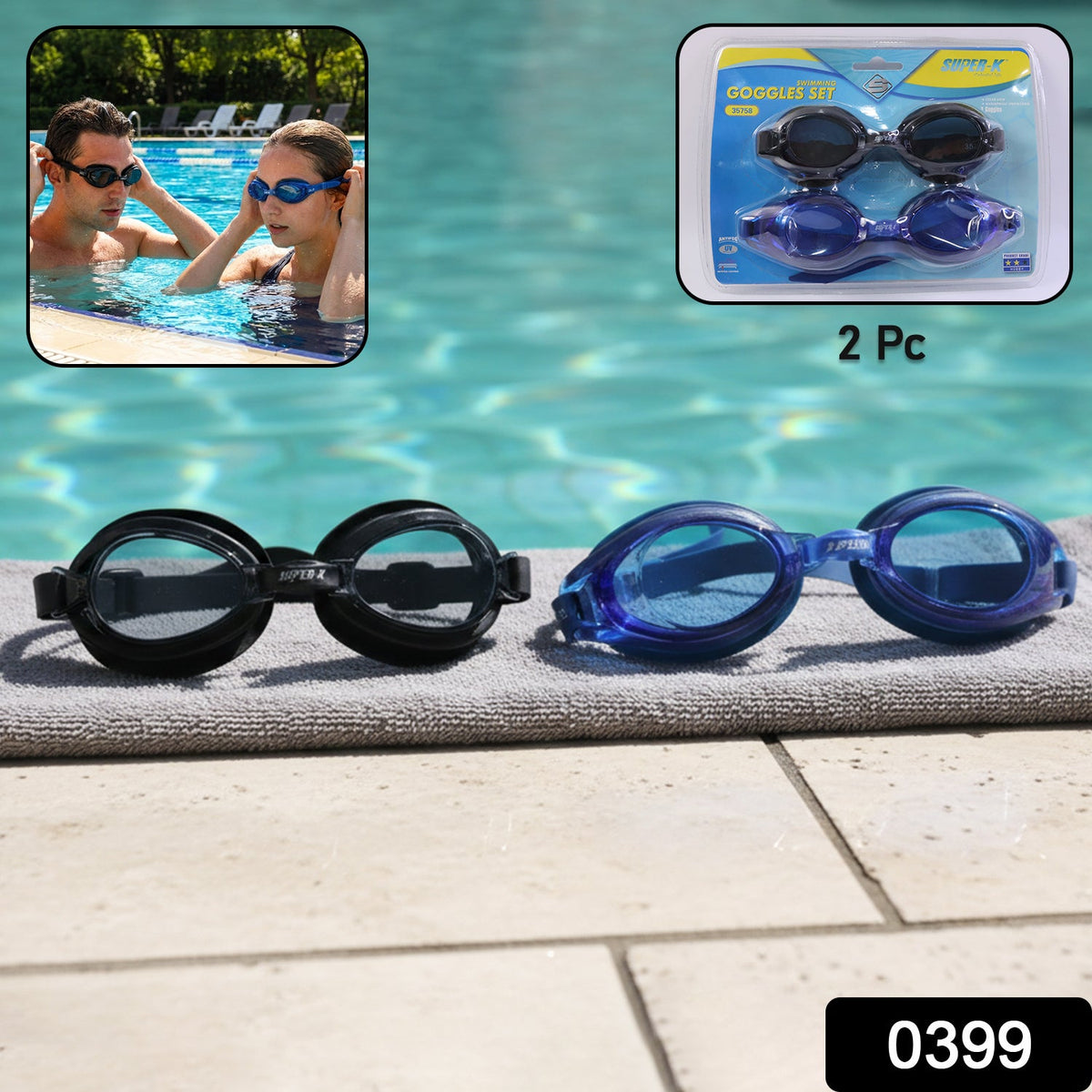 Swimming Goggles set showing adjustable straps and lenses
