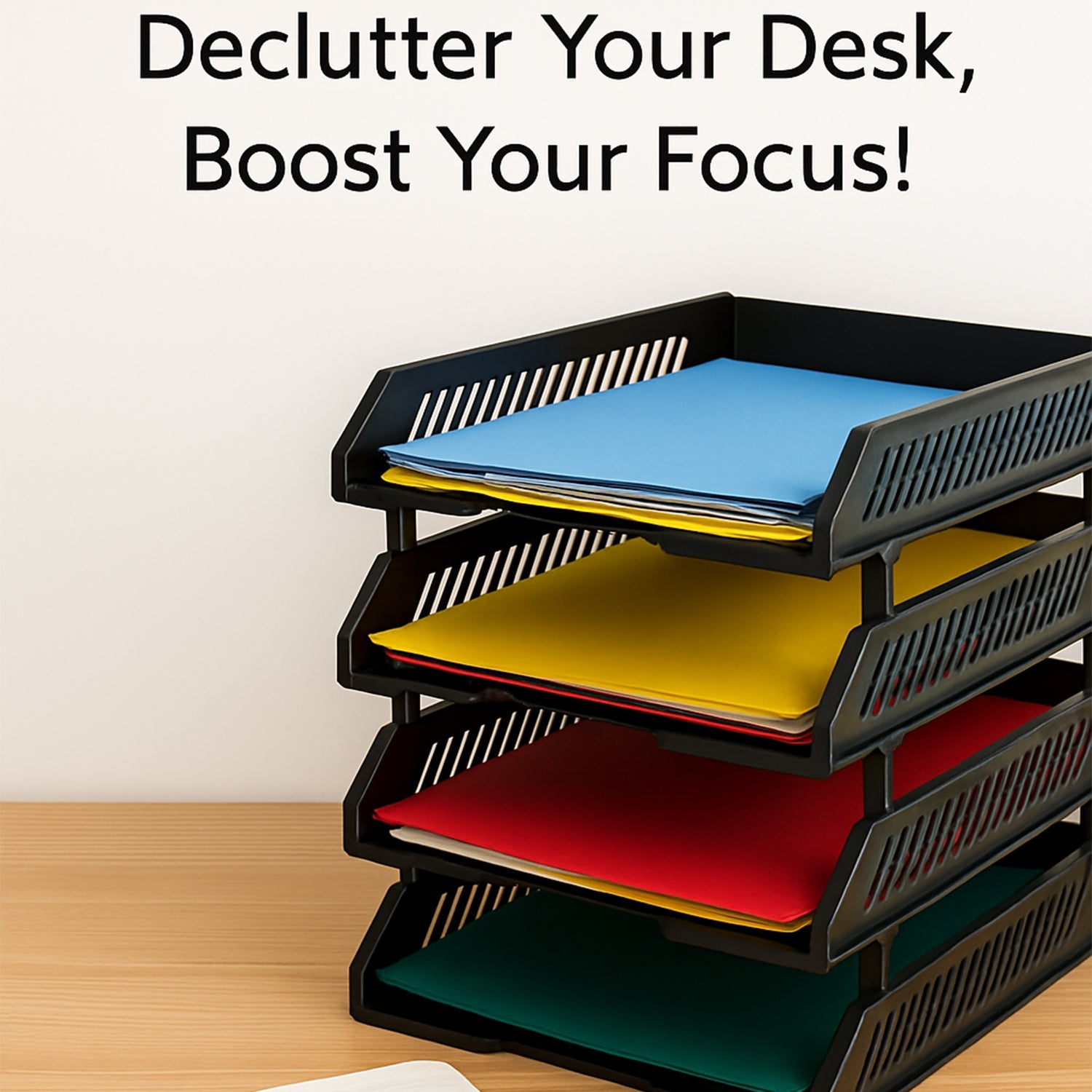 Top view showing desktop file rack capacity for folders