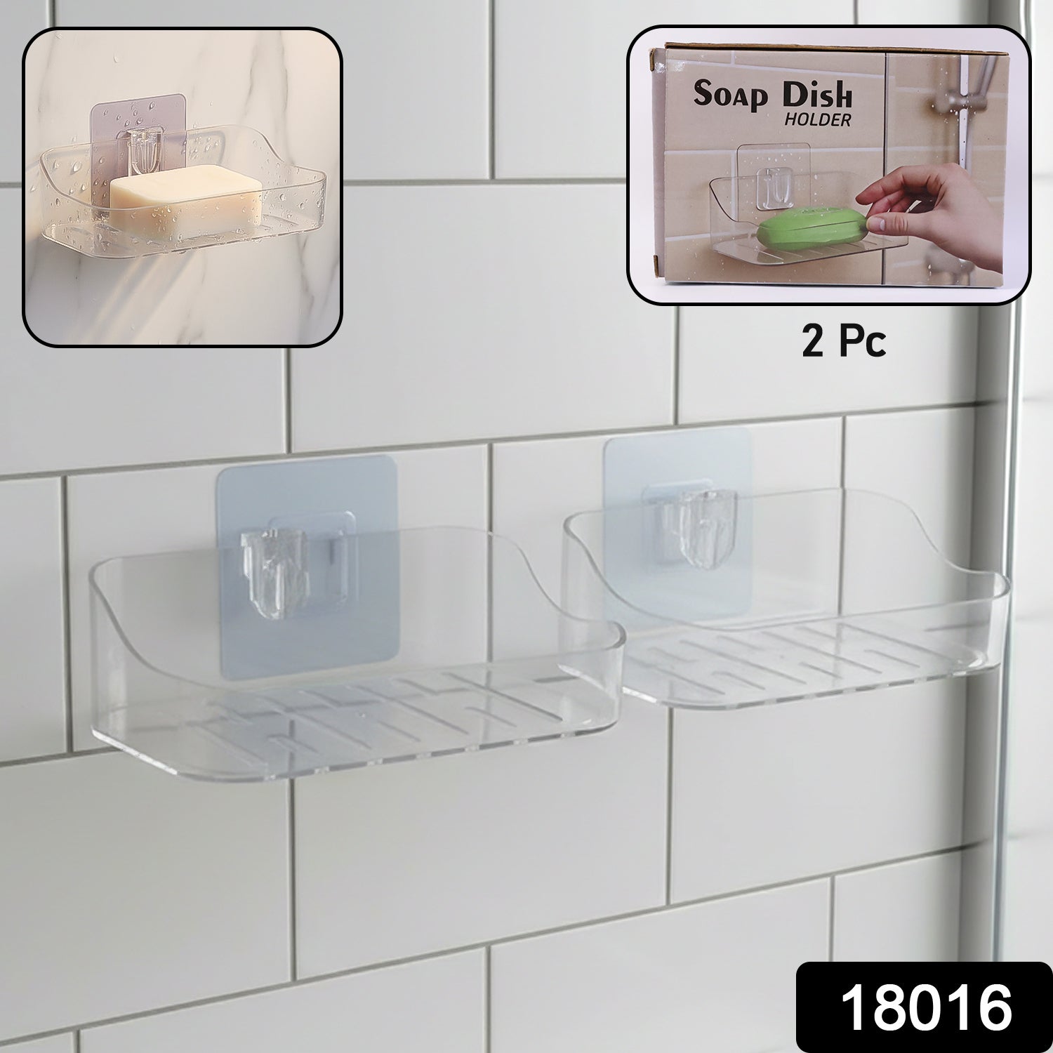 Close-up of transparent soap dish mounted on bathroom wall