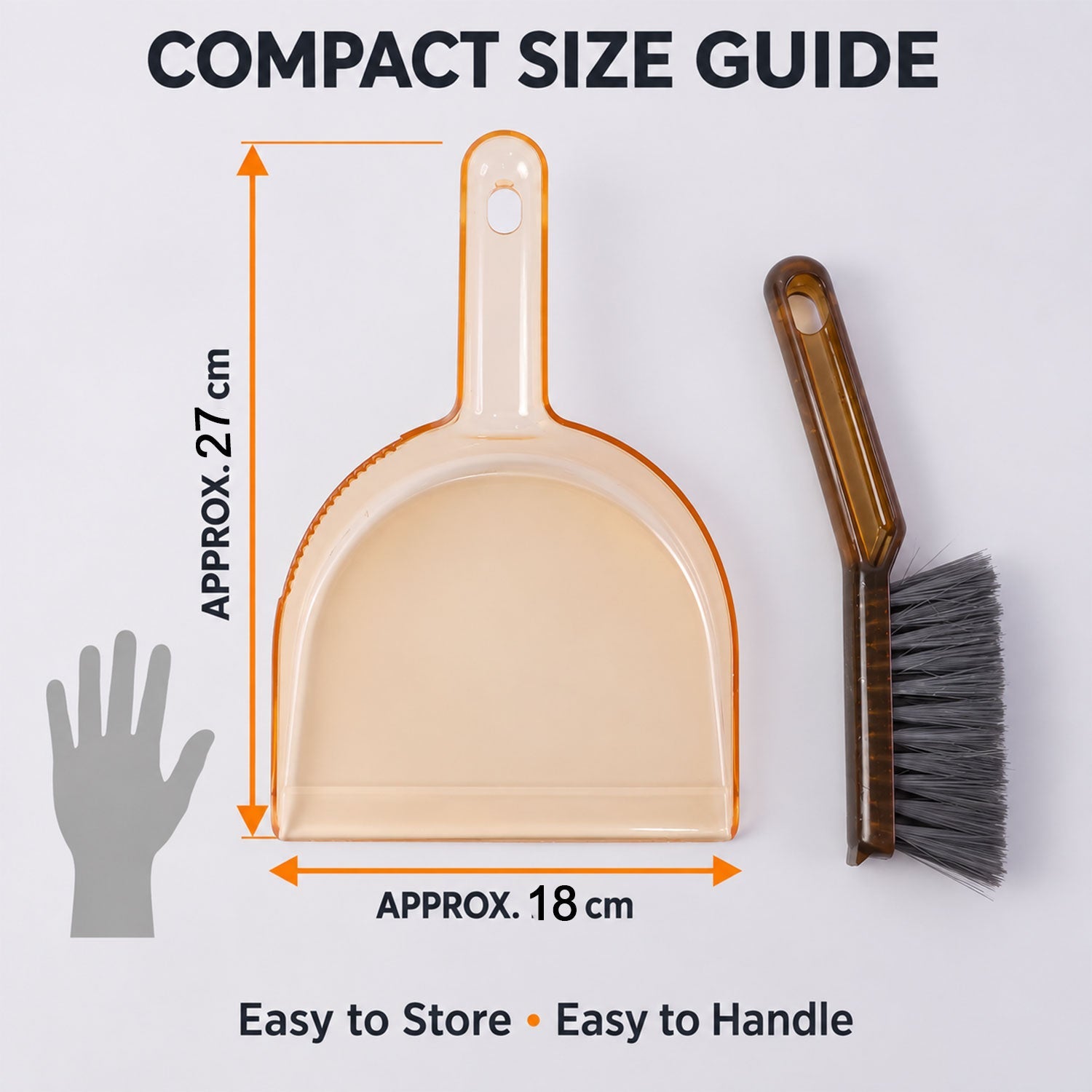 An amber dustpan and dark brown brush are shown with orange measurement lines indicating a height of 27 cm and width of 18