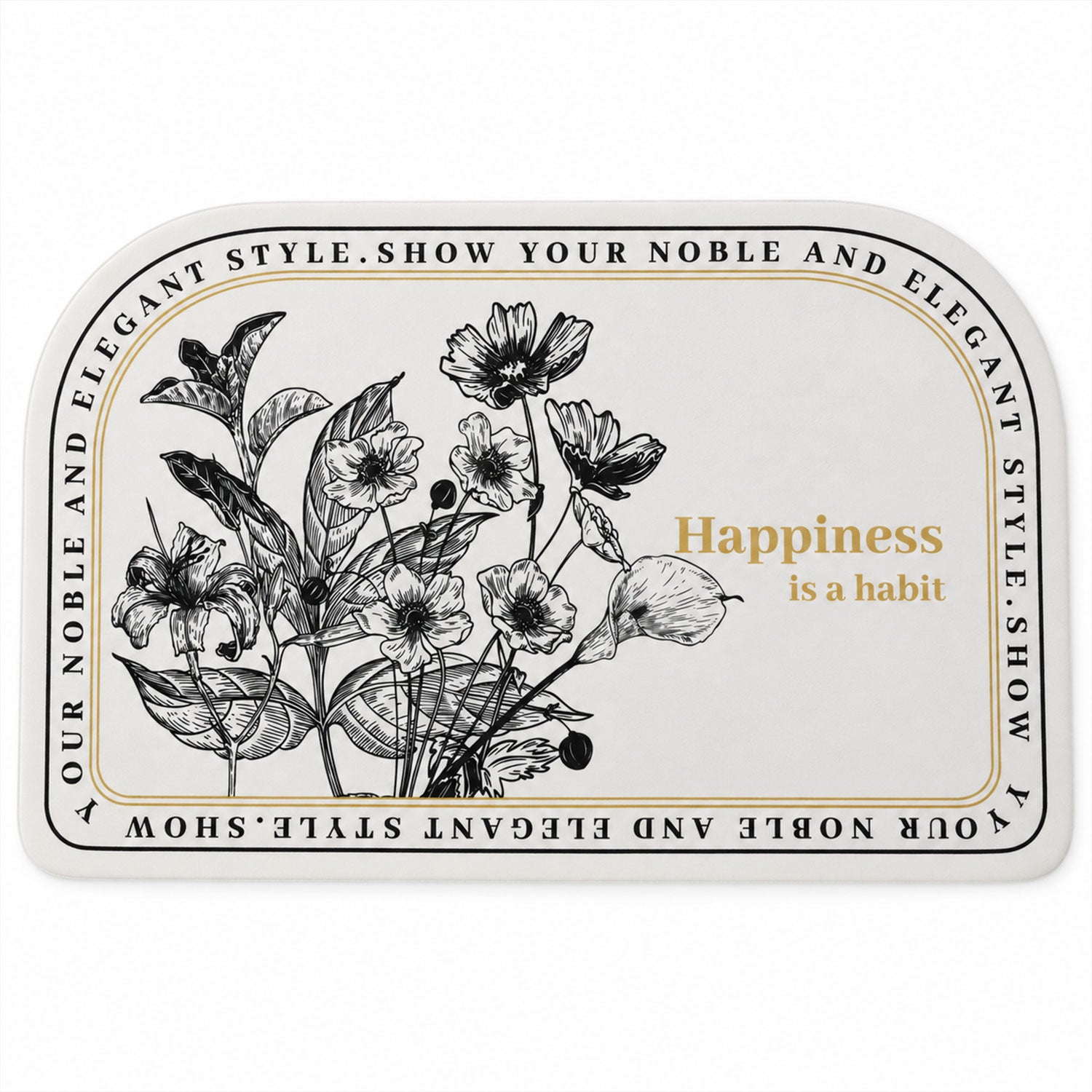 A half-round white mat with black botanical illustrations and a golden quote, on a plain white background.