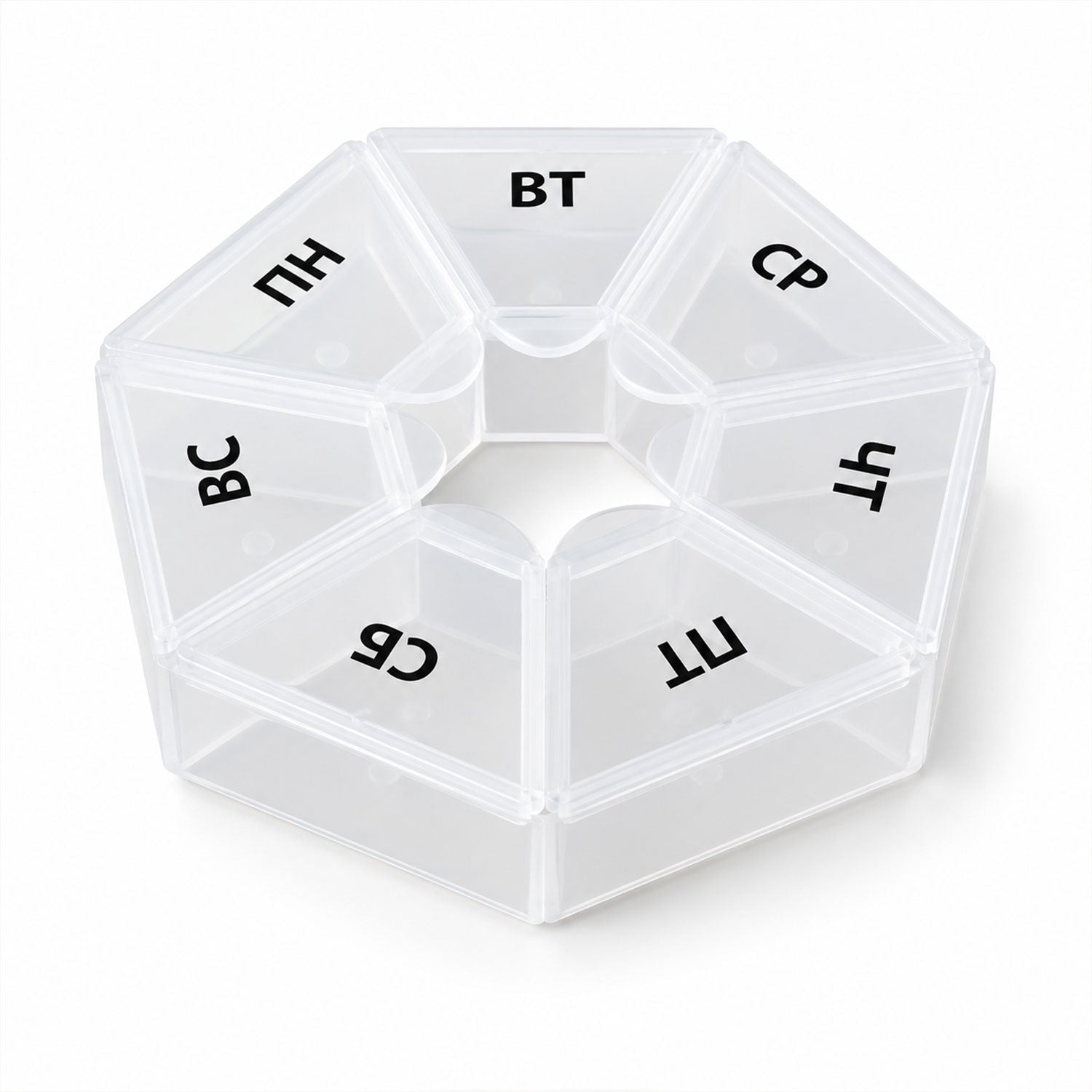A clear hexagonal pill organizer with seven labeled compartments is centered on a white background.