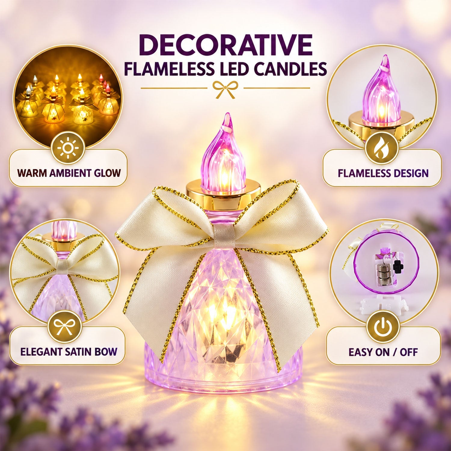 A purple faceted LED candle with a cream bow is surrounded by circular insets highlighting its warm glow, flameless design,