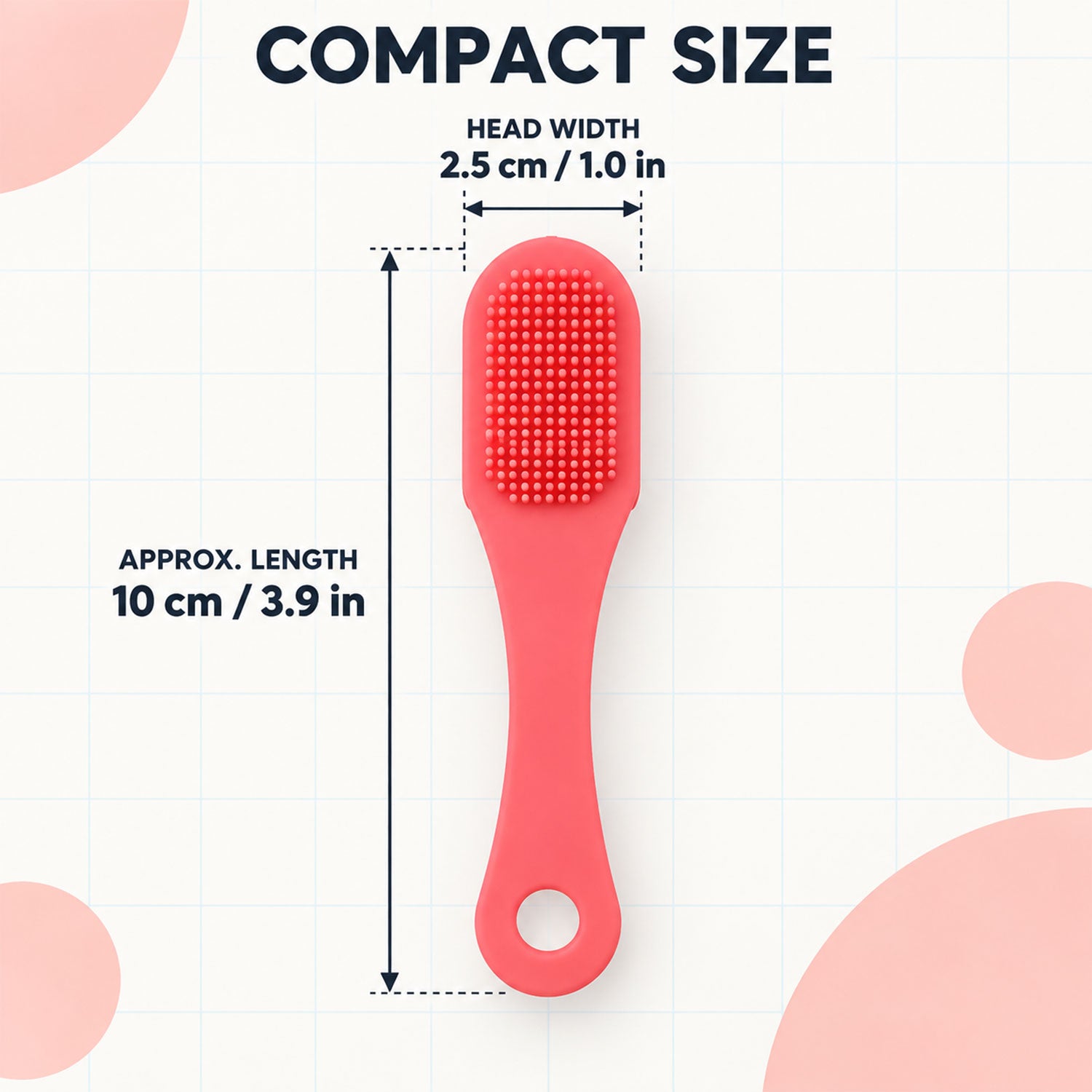 A pink silicone facial brush with bristles, showing its approximate length of 10 cm and head width of 2.5 cm.
