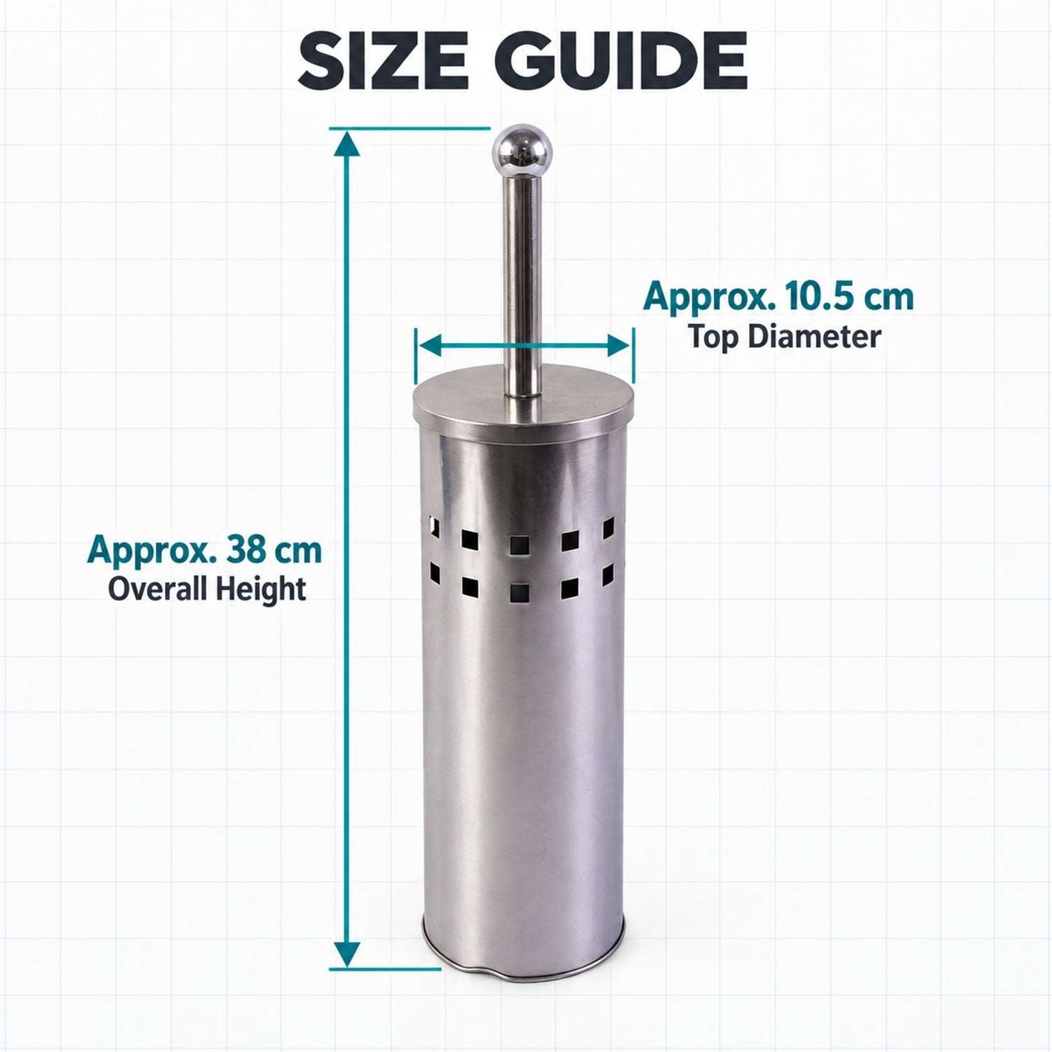 A size guide for the stainless steel toilet brush holder, indicating an overall height of 38 cm and a top diameter of 10.5