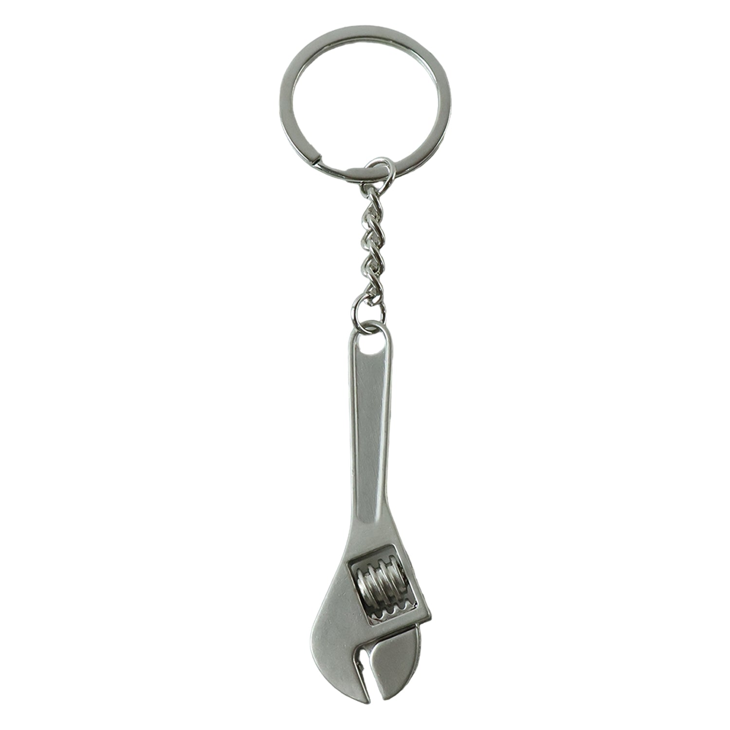 A silver metal mini adjustable wrench keychain with a key ring and chain is centered against a plain white background.
