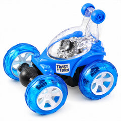 A blue remote control stunt car with transparent wheels and a clear top, displaying its internal mechanism.