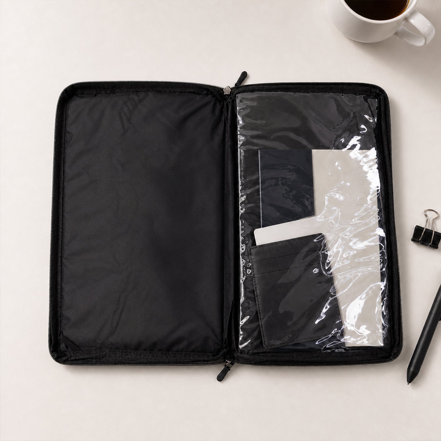 Interior view of padded laptop compartment and organized inner pockets