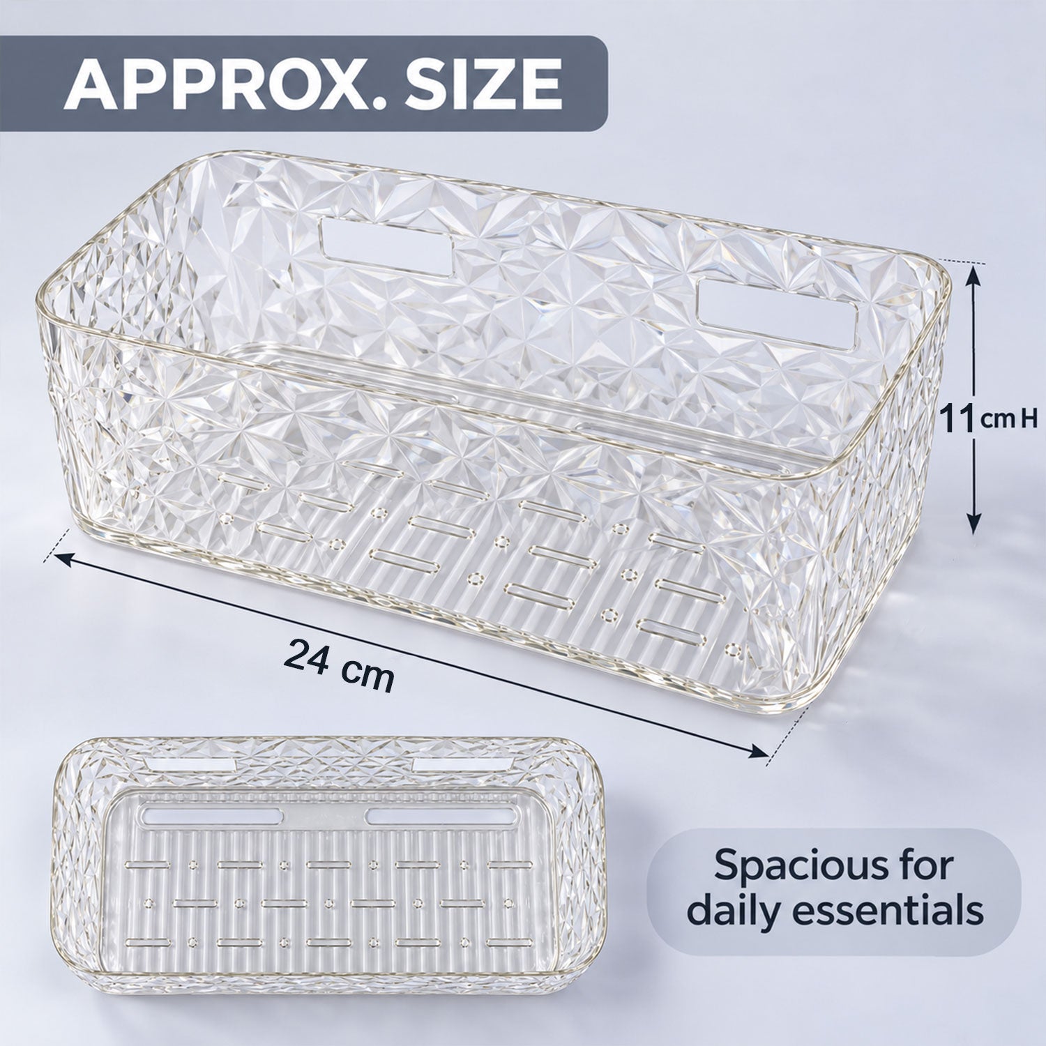 Side view of the transparent wall organiser rack, highlighting its depth and raised sides