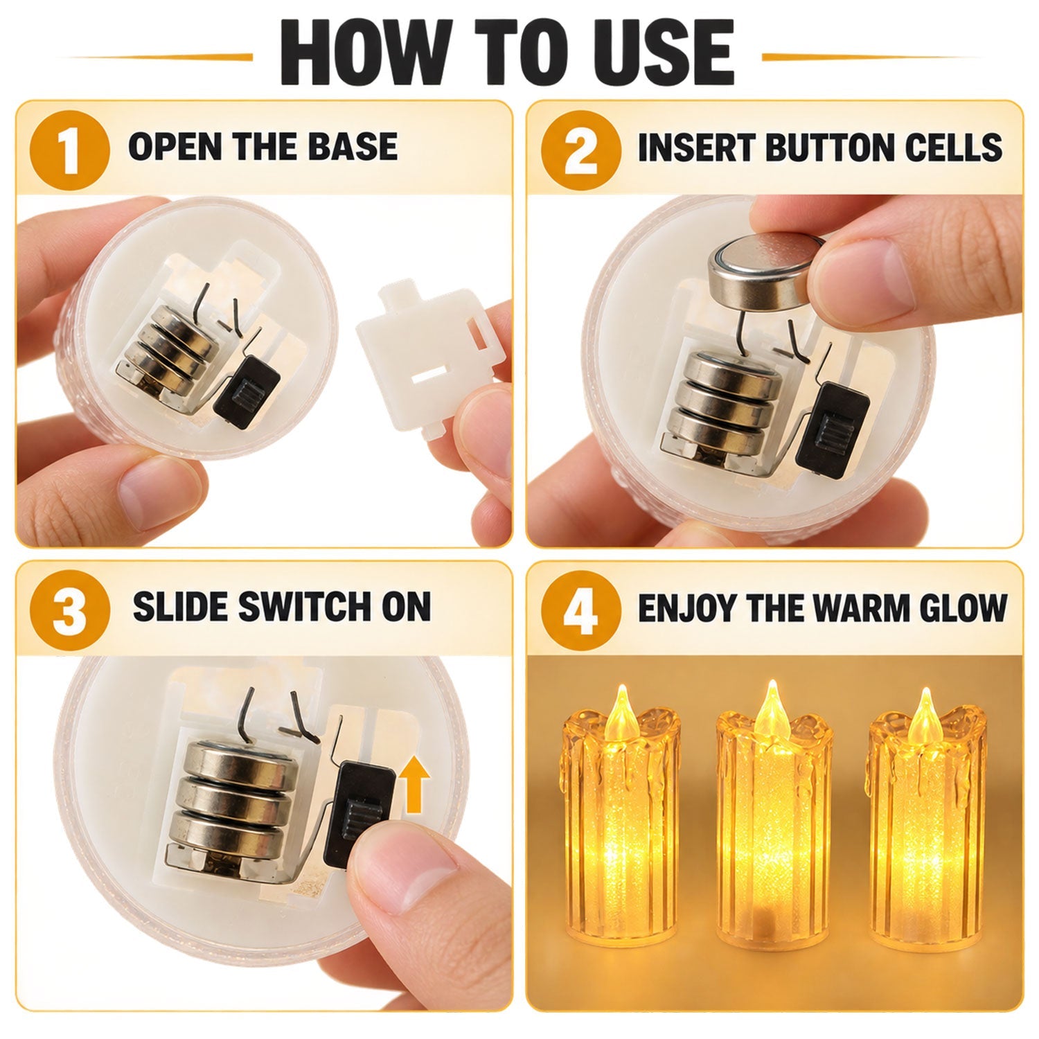 Four-step guide on how to use the LED candles: open base, insert button cells, slide switch on, and enjoy the warm glow.