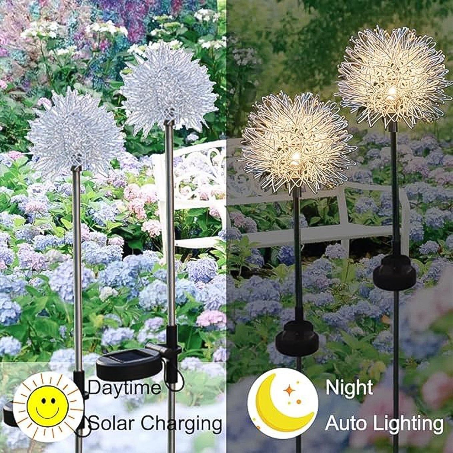 Decorative solar garden lights glowing outdoors