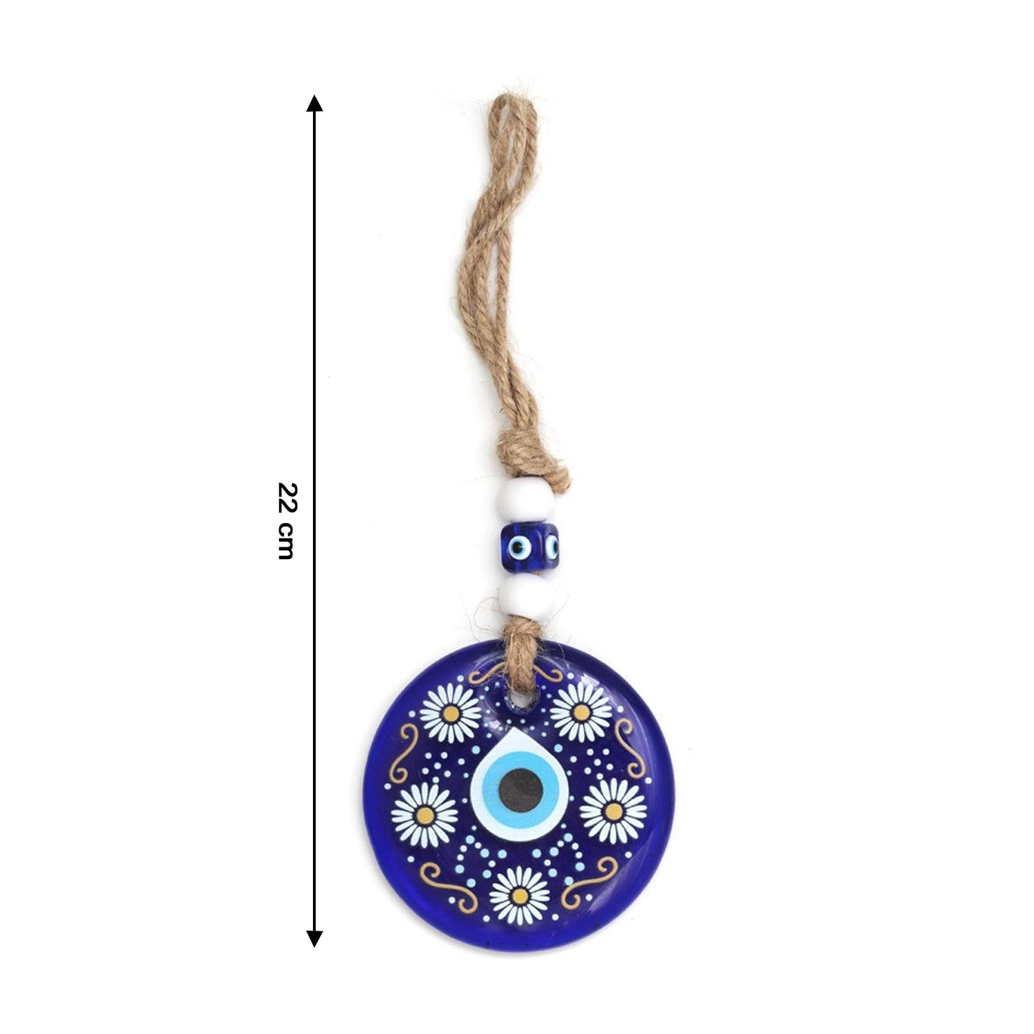 Evil eye wall hanging displayed on a white wall, showing its full length