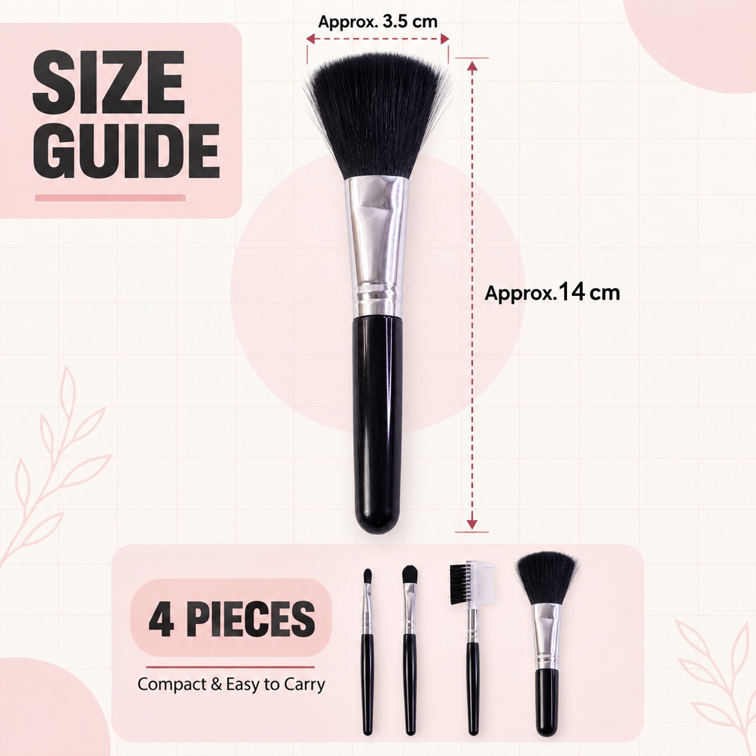 A large black makeup brush with a silver ferrule and black bristles is shown with measurements, alongside the full 4-piece