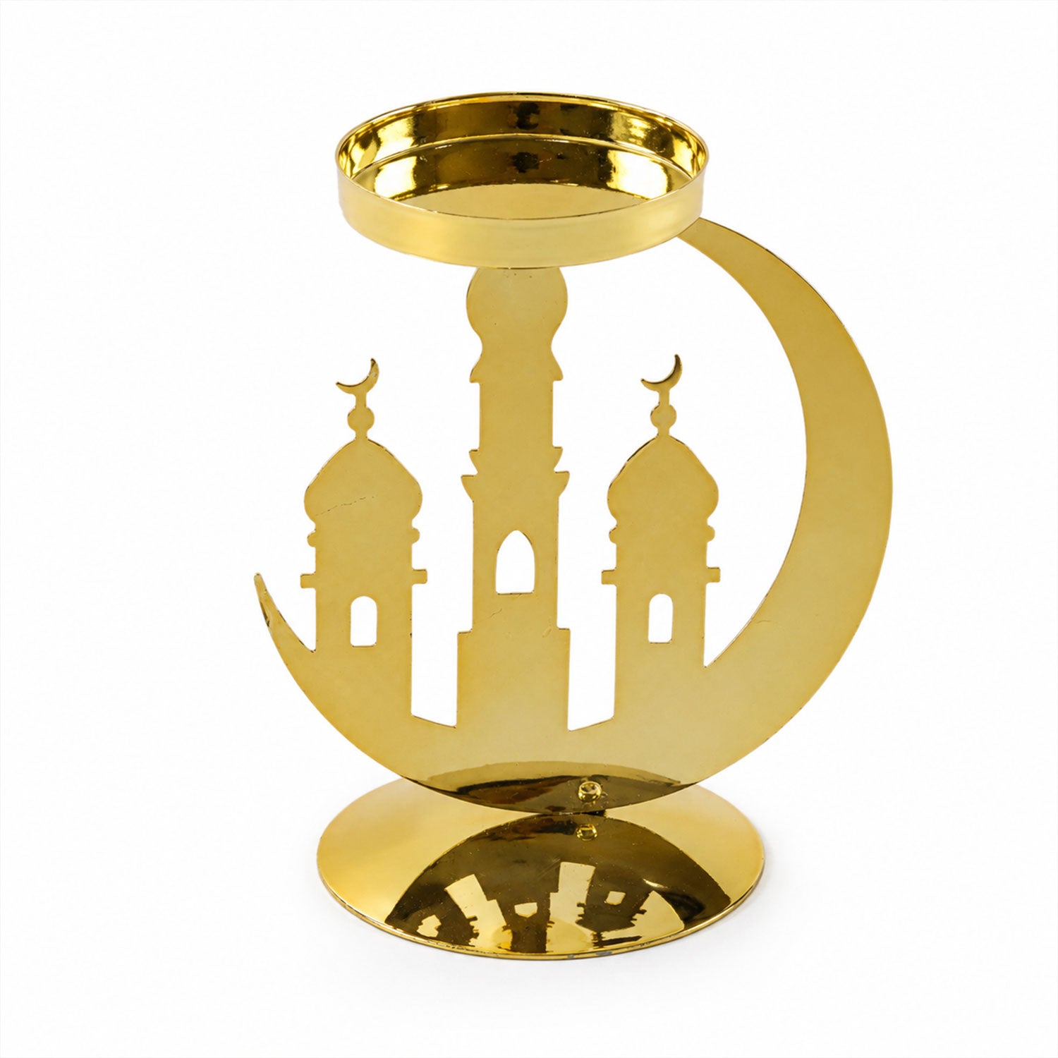 A golden metal incense holder with a crescent moon and mosque design, featuring a round base and a cup for incense or
