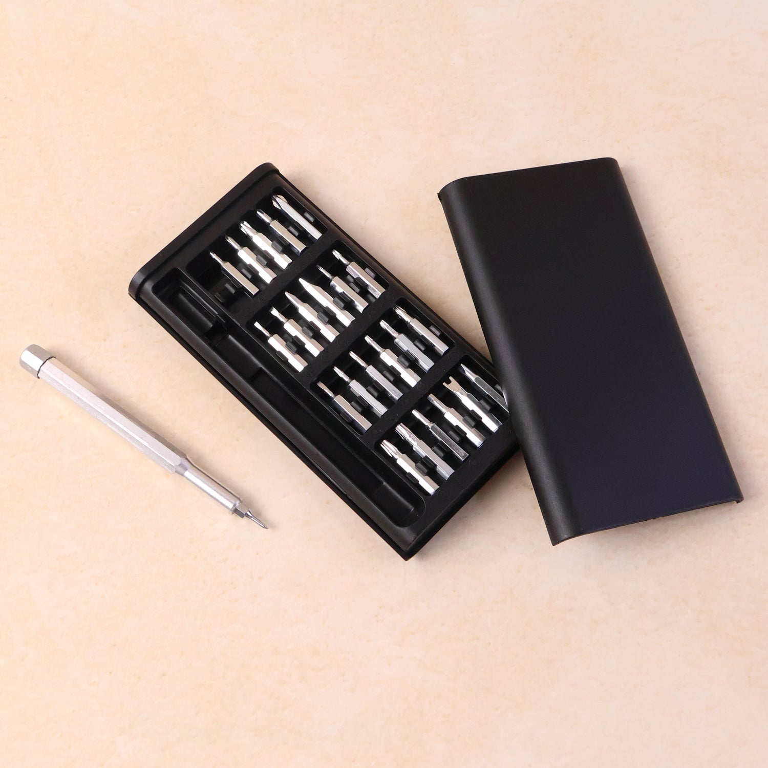 Complete 24-in-1 screwdriver tool set for electronics repair in aluminium case
