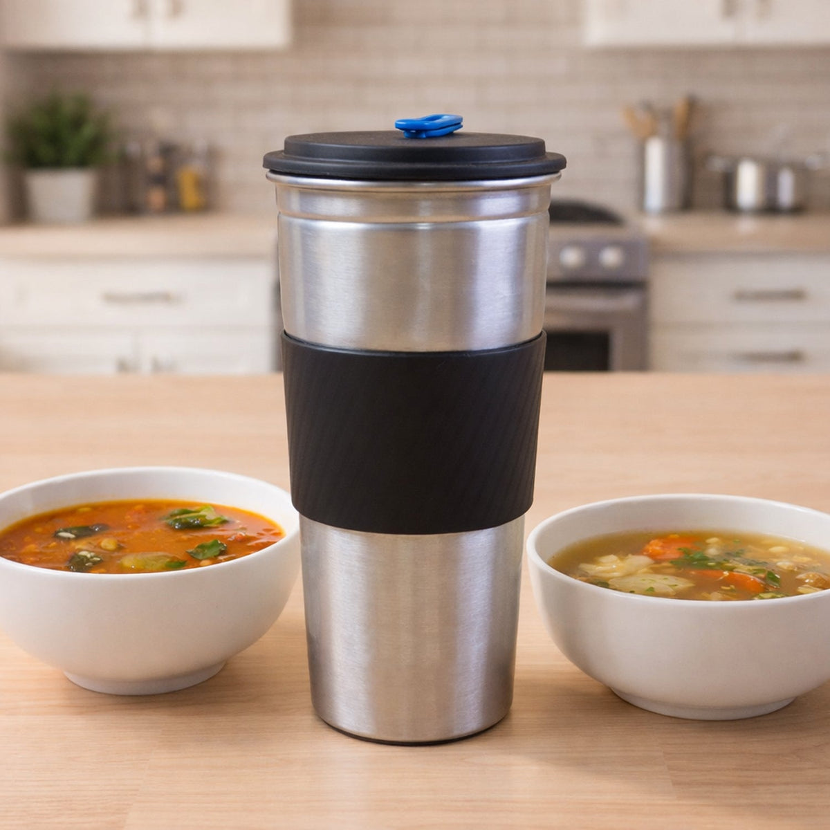 Supermom travel tumbler with insulated grip and leak-resistant lid