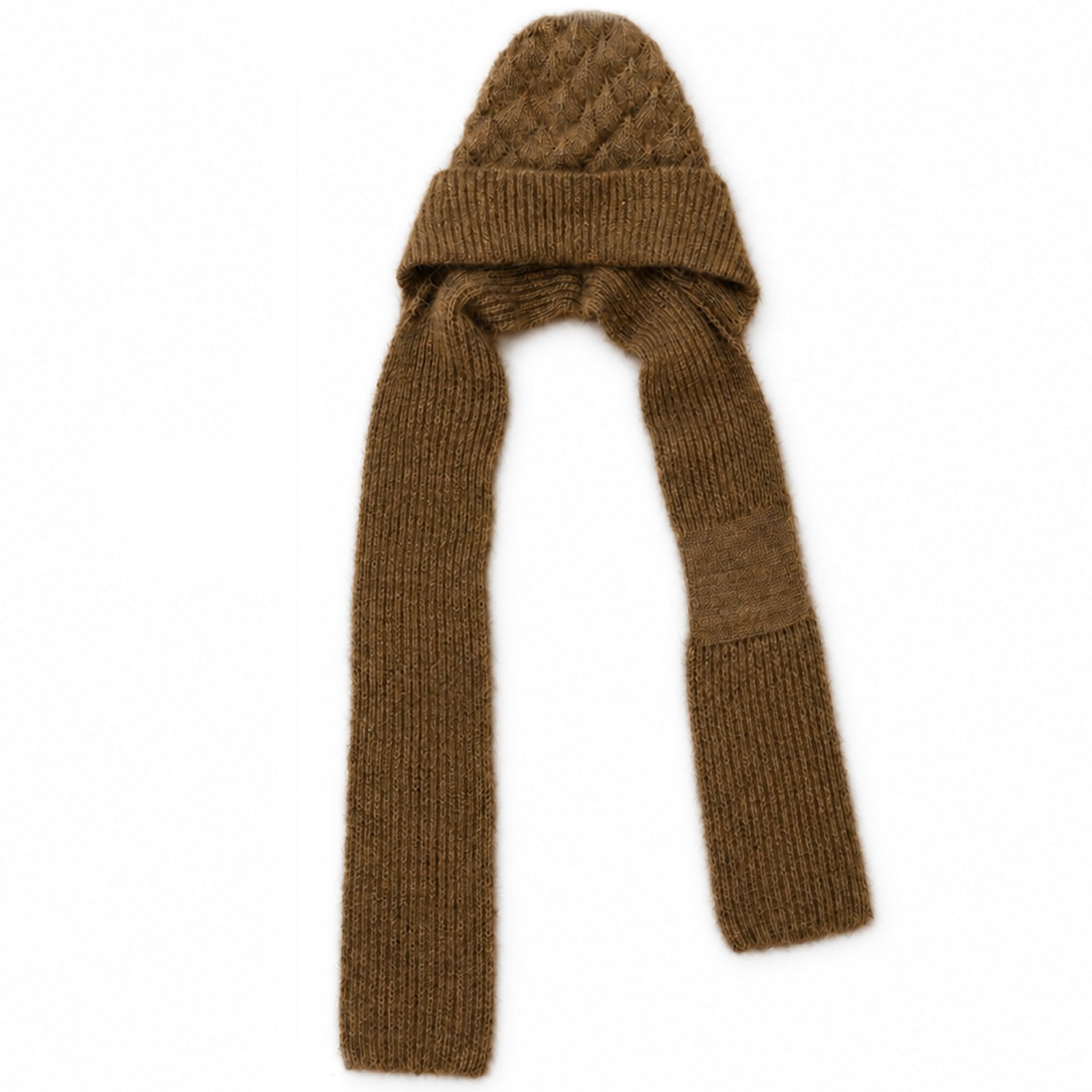 A brown knitted cap with an attached scarf is presented flat against a plain white background.