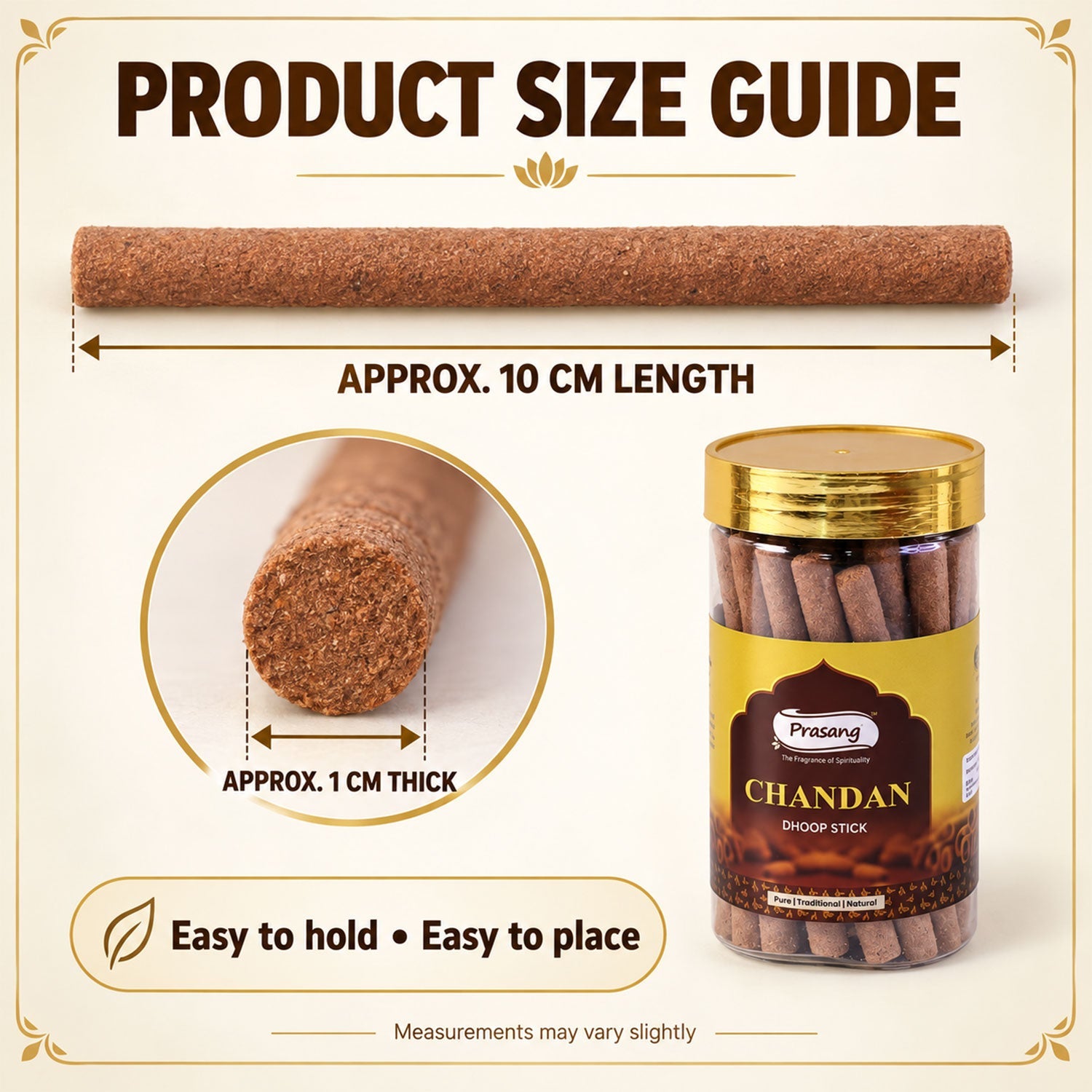 A single brown dhoop stick with length and thickness measurements, beside a labeled jar of Chandan sticks.