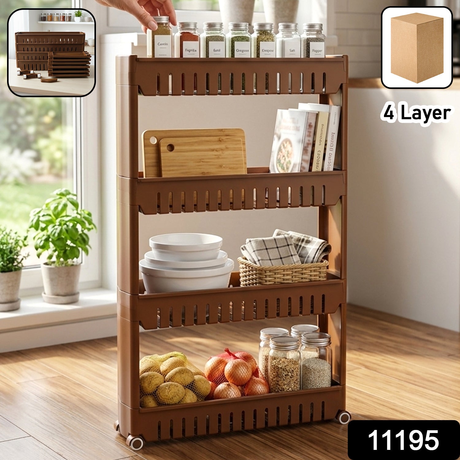 Multipurpose Plastic 4 Layer Storage Rack with Wheels