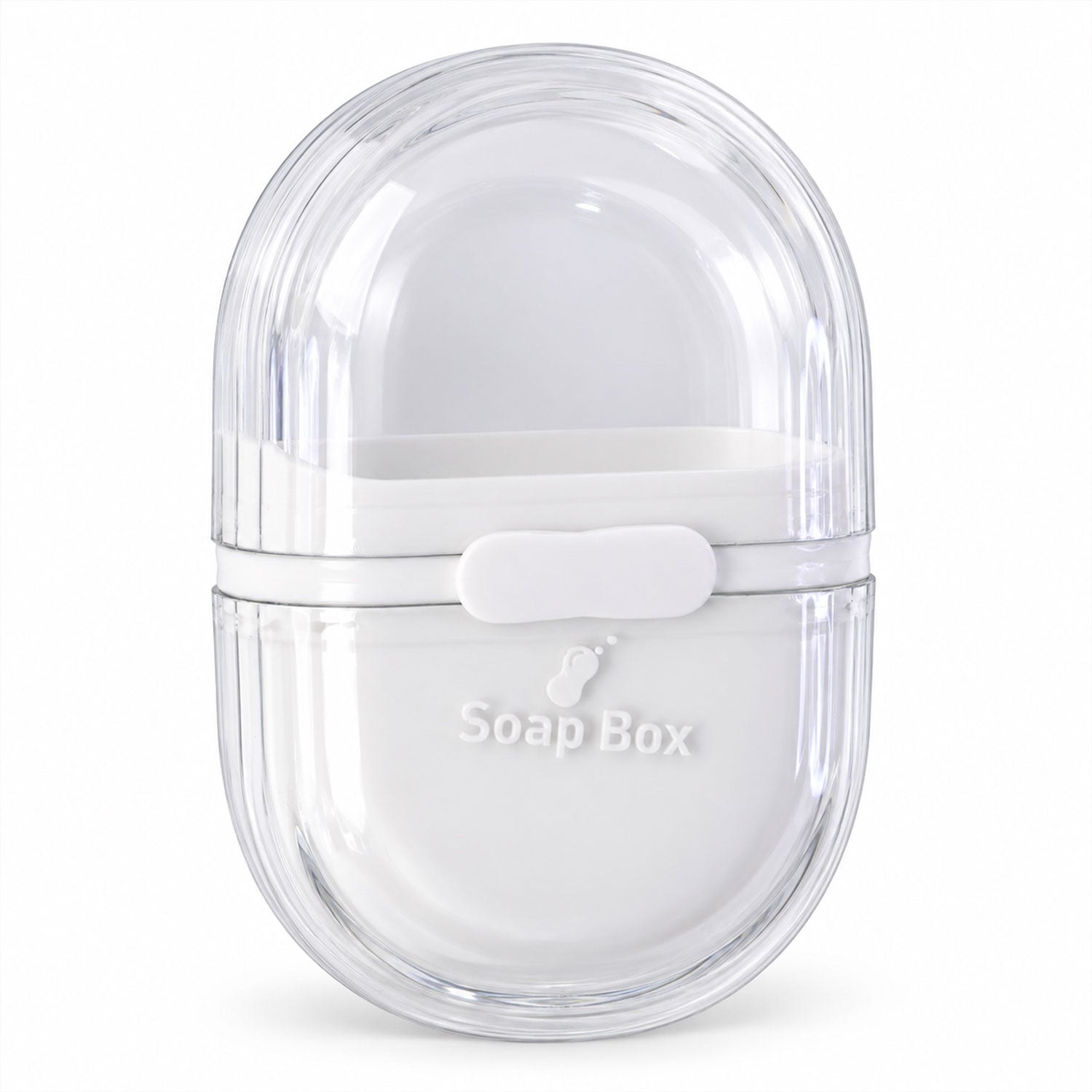 A clear and white oval soap box, closed and viewed from a slightly elevated angle against a white background.