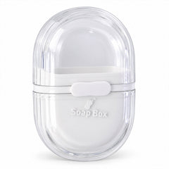 A clear and white oval soap box, closed and viewed from a slightly elevated angle against a white background.
