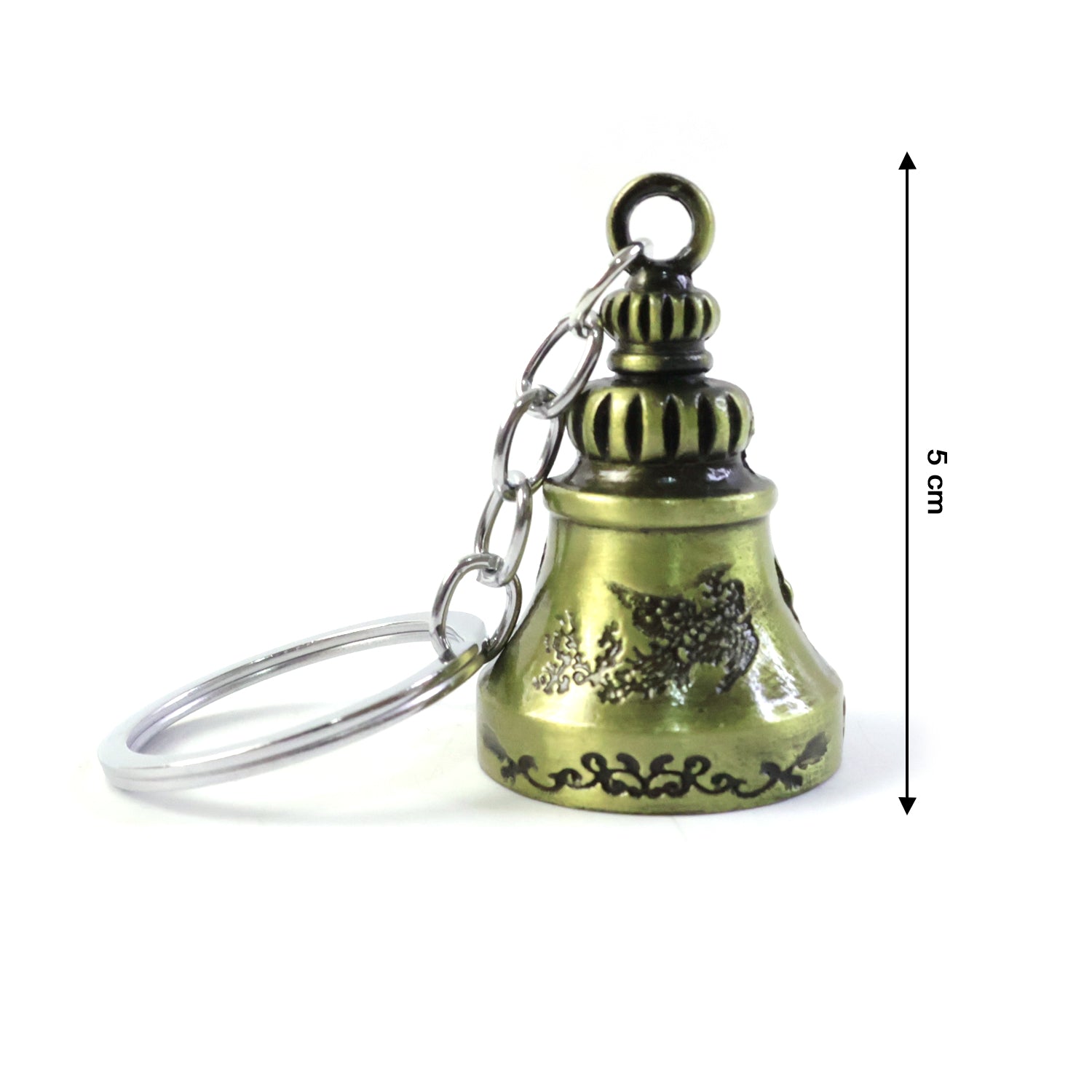 Metal temple bell keychain being held in hand