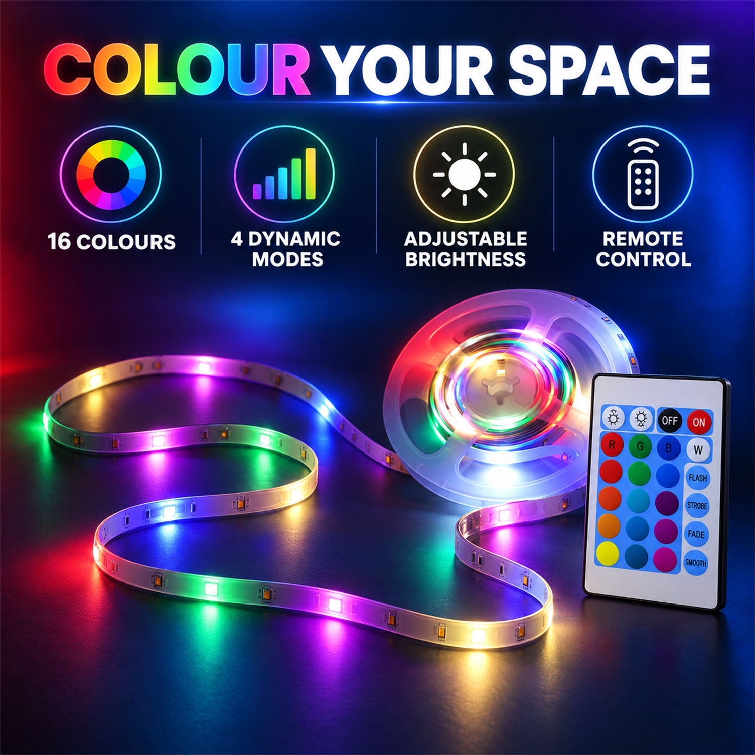 RGB LED strip light kit on a plain white background