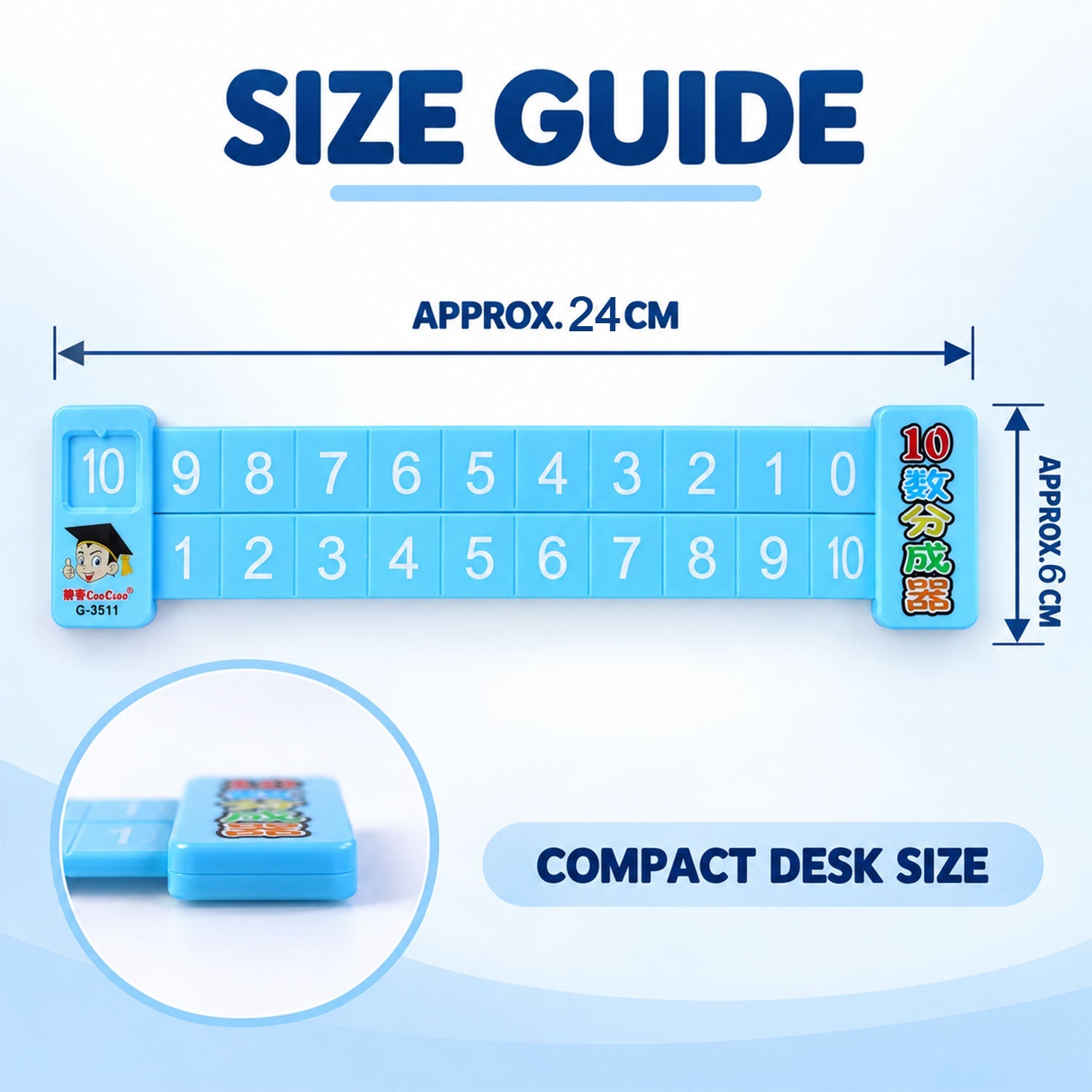 A blue math ruler is shown with measurements indicating an approximate length of 24 cm and width of 6 cm.