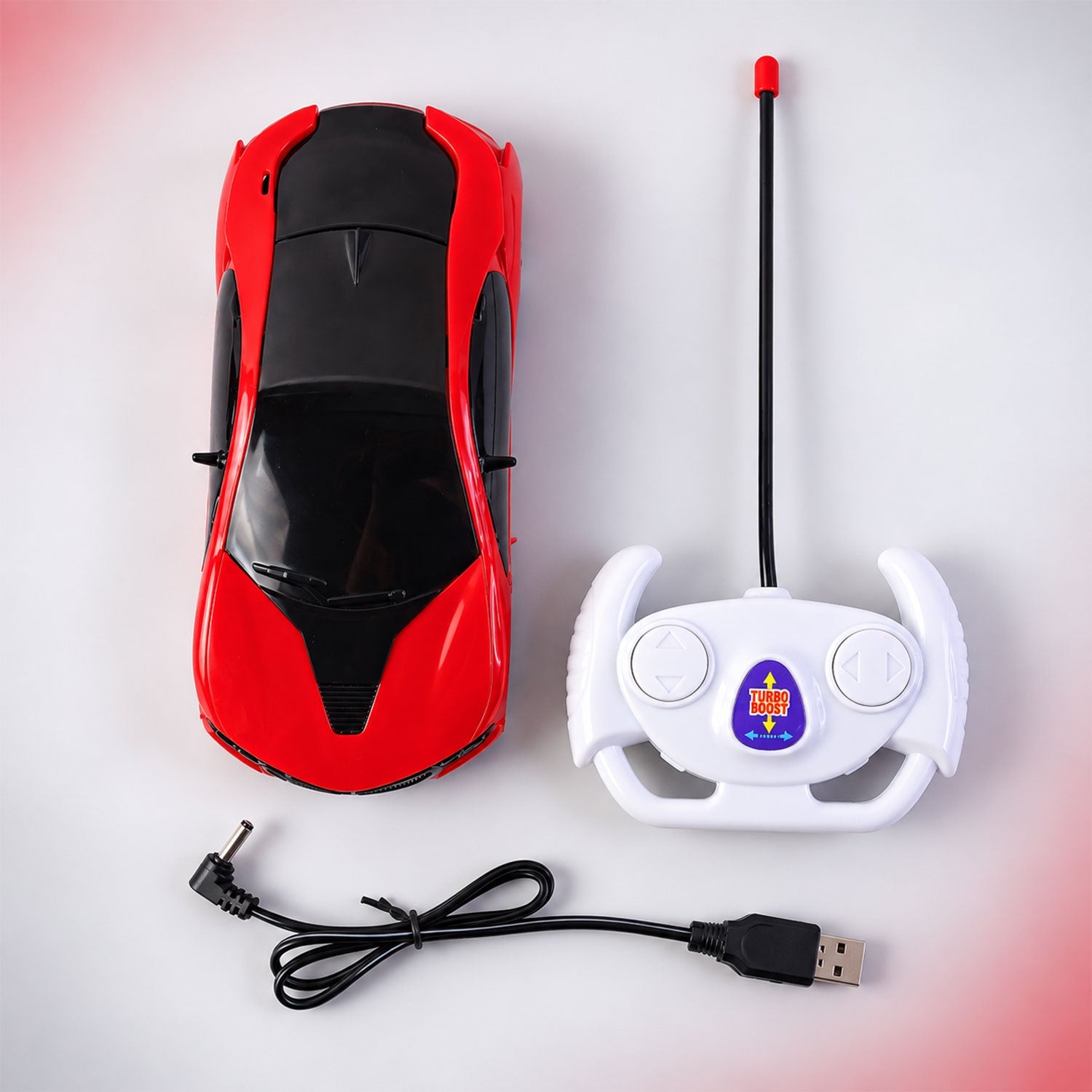 Rechargeable RC sports car toy on a plain white background