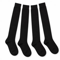 Four individual black over-knee socks laid flat on a white surface, showcasing their length and shape.