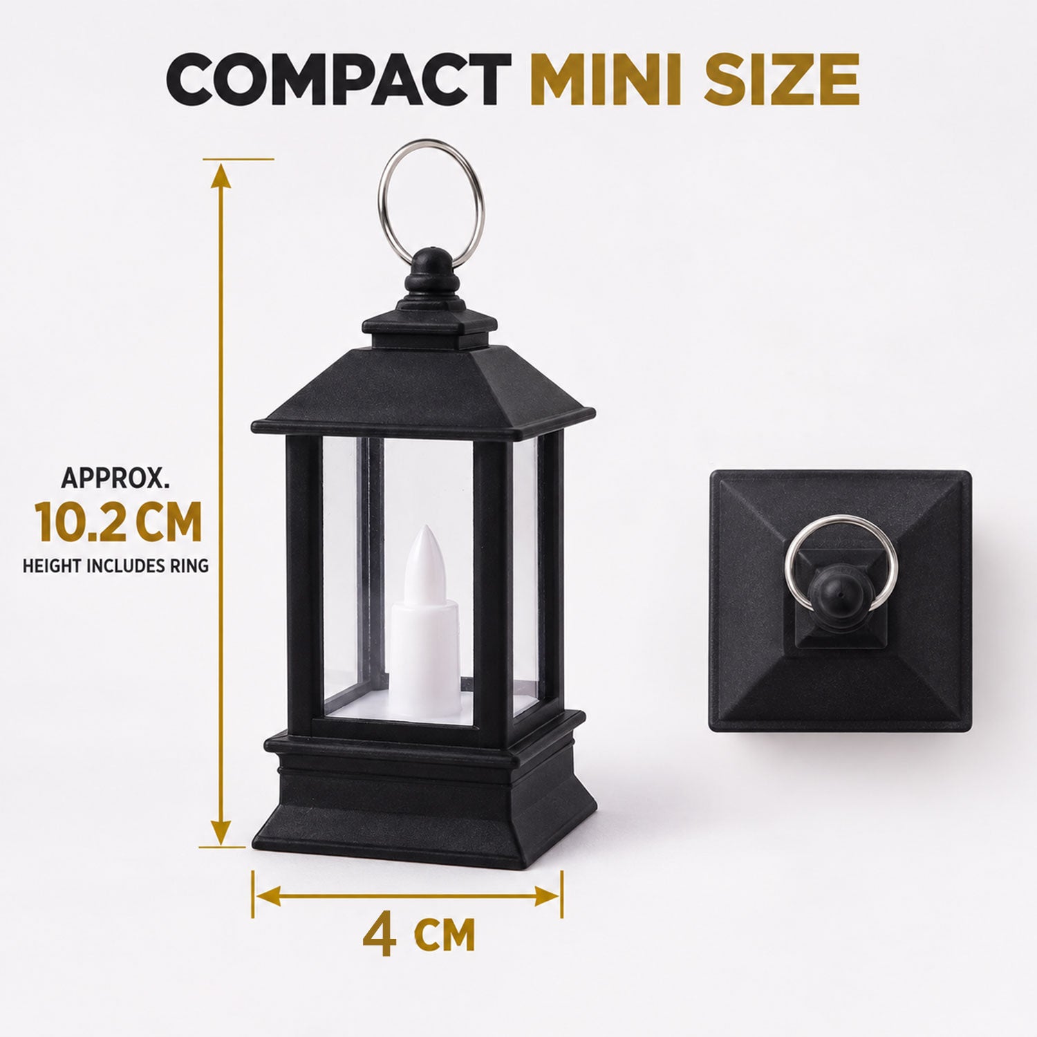A black miniature lantern with a white LED candle is shown with measurements, indicating a height of approximately 10.2 cm