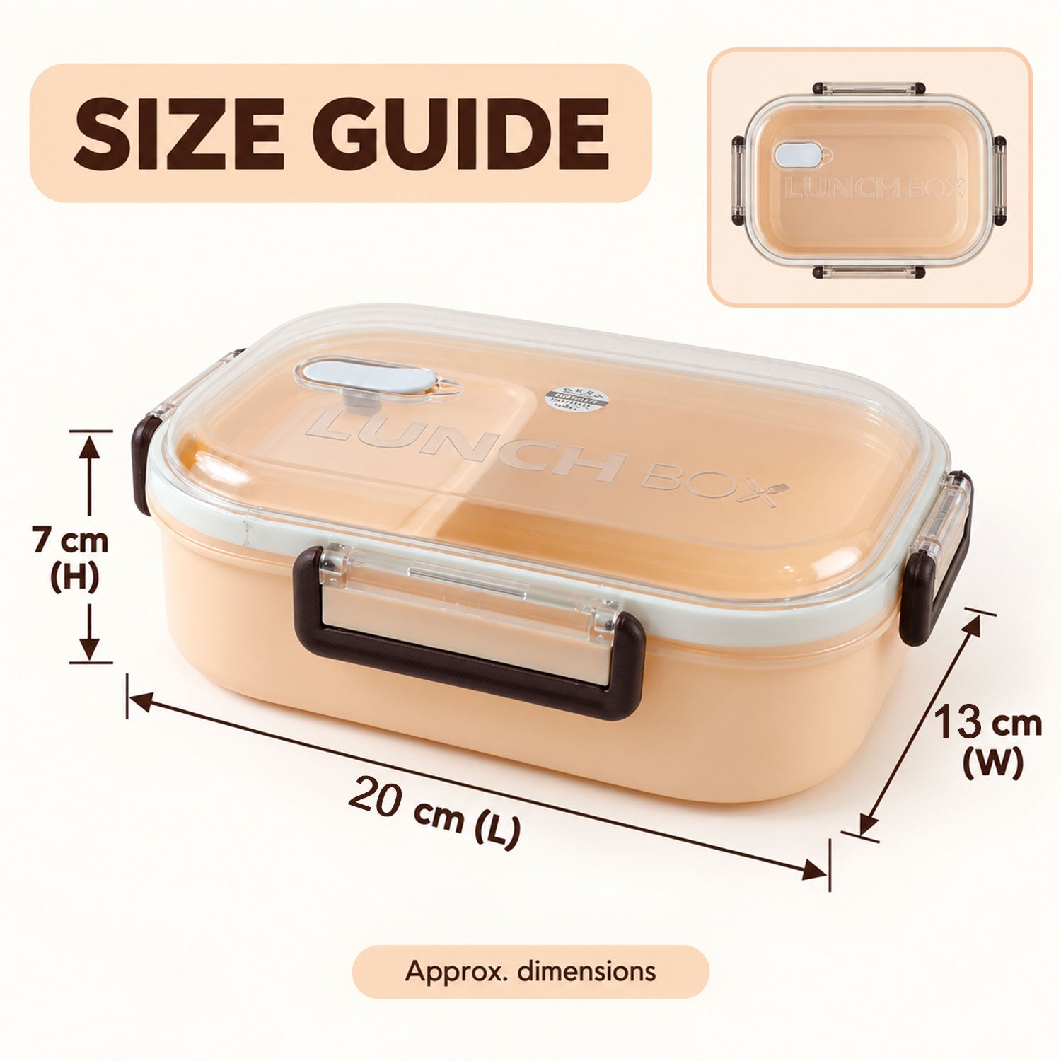 A peach lunchbox with a clear lid, displaying its dimensions: 20cm length, 13cm width, and 7cm height.