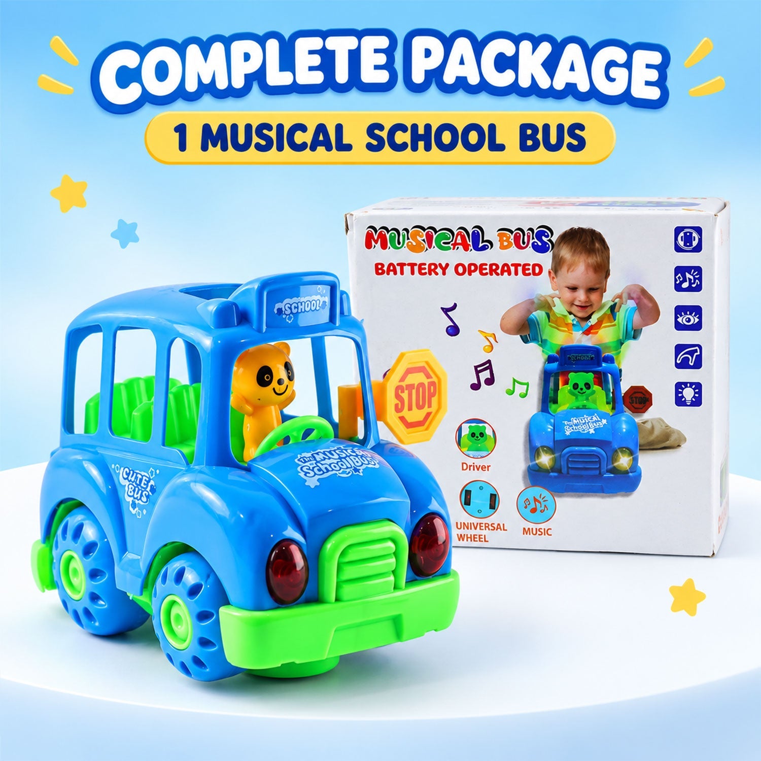 Musical school bus toy displayed on a plain background, highlighting its features.