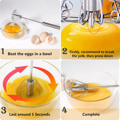 The versatile stainless steel egg whisk shown in action, blending ingredients.