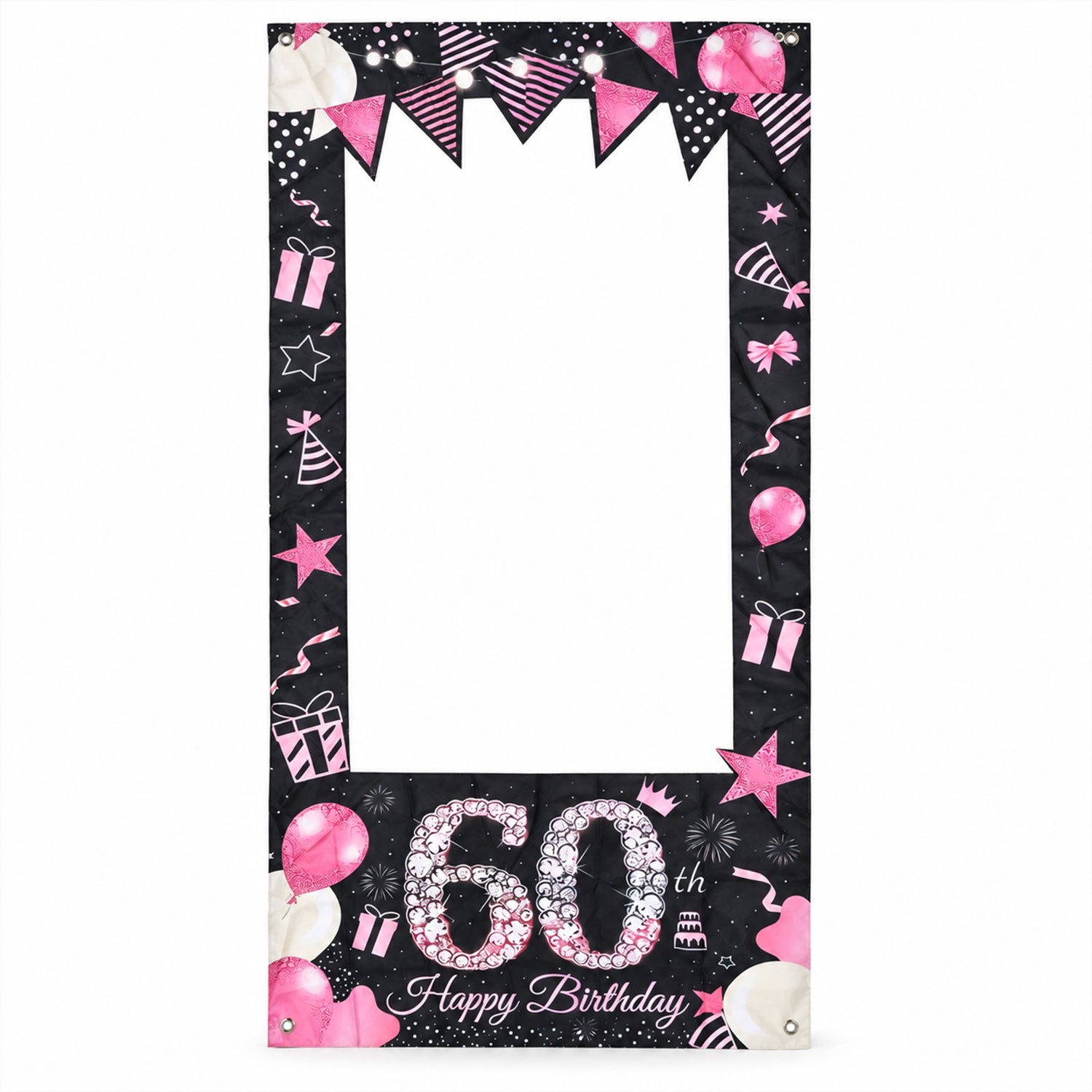 A black and pink 60th birthday photo booth frame with a cutout center, featuring balloons, gifts, and party hat