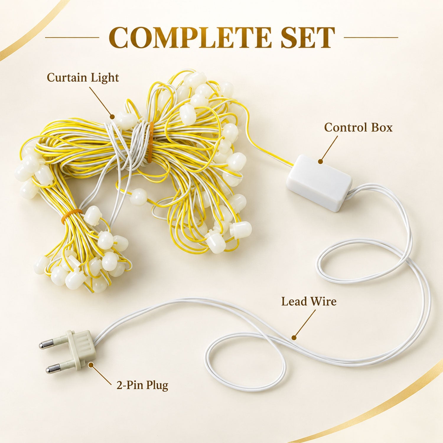 A complete set of warm white bulb string lights, including the coiled curtain light, control box, lead wire, and 2-pin plug.