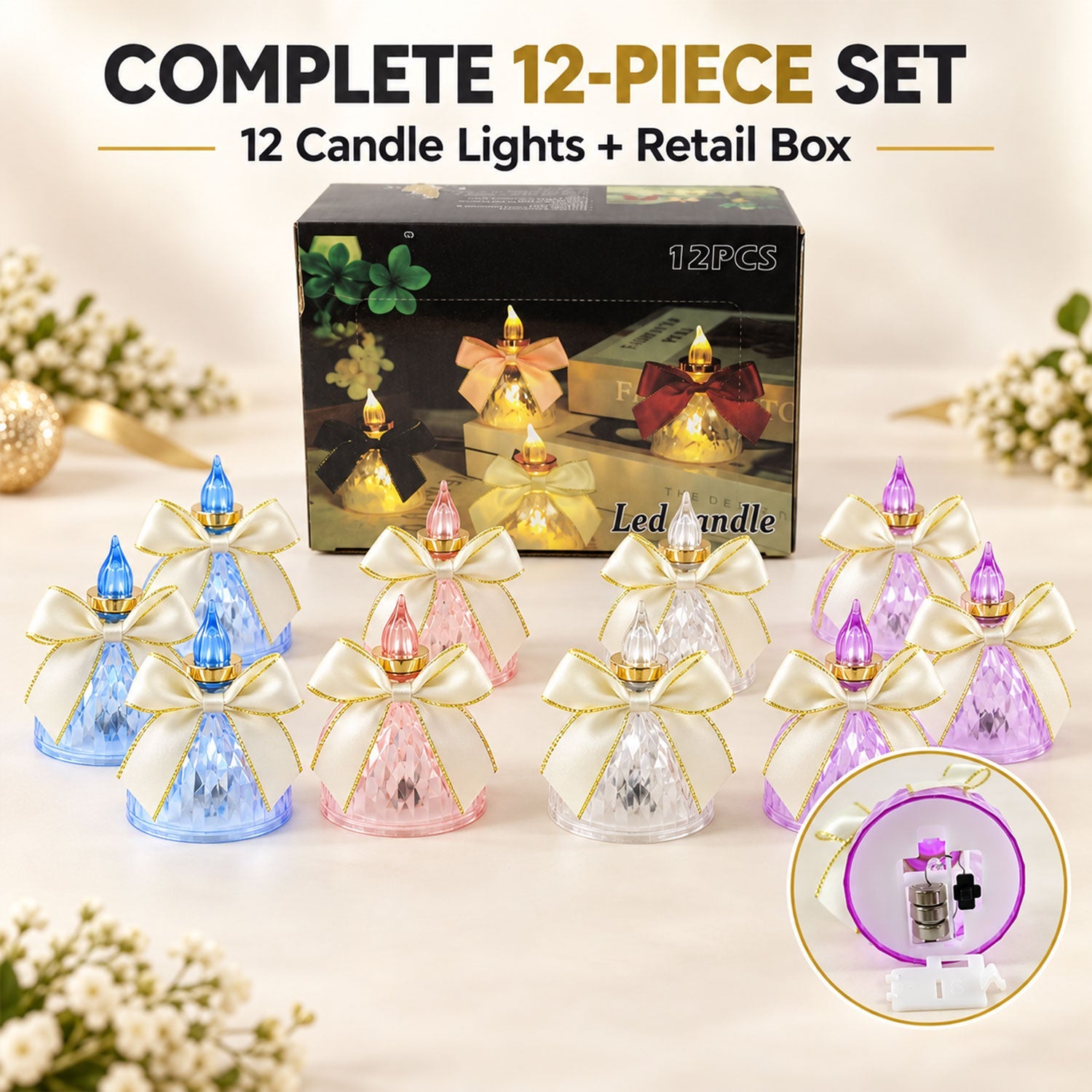 Multiple flameless LED candles with bows against a clean white background