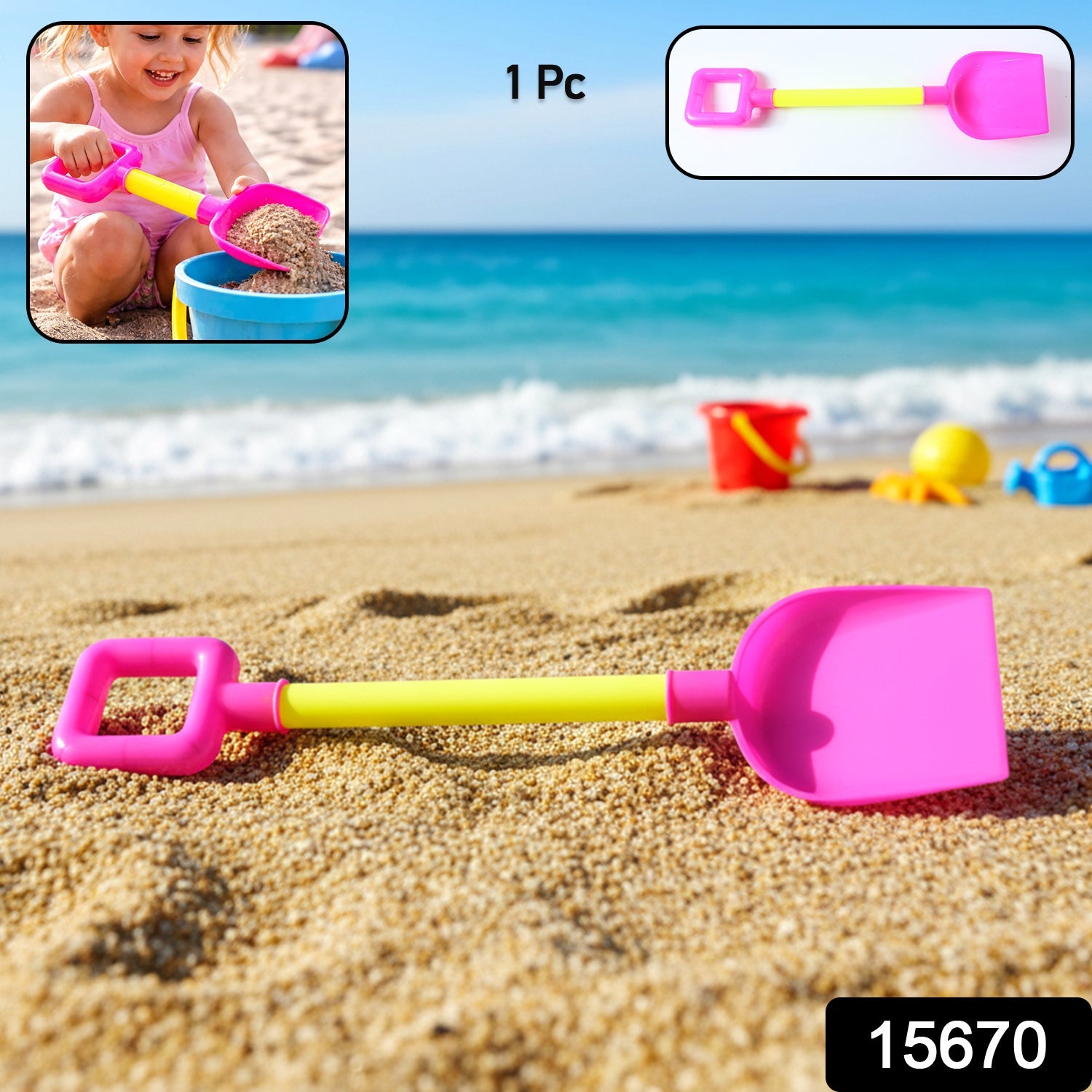 Child holding digging shovel at beach
