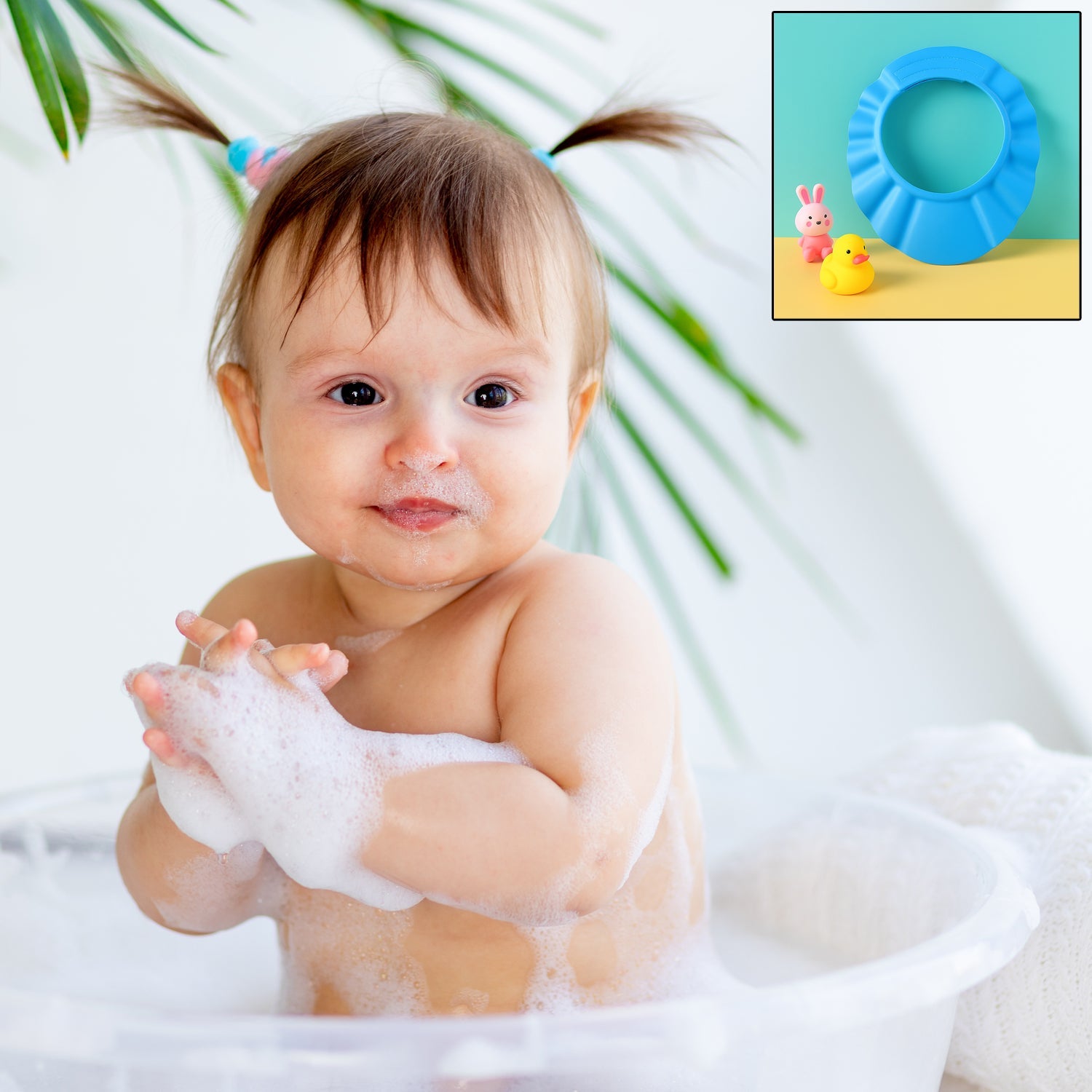 Wide brim of baby shower hat diverting water
