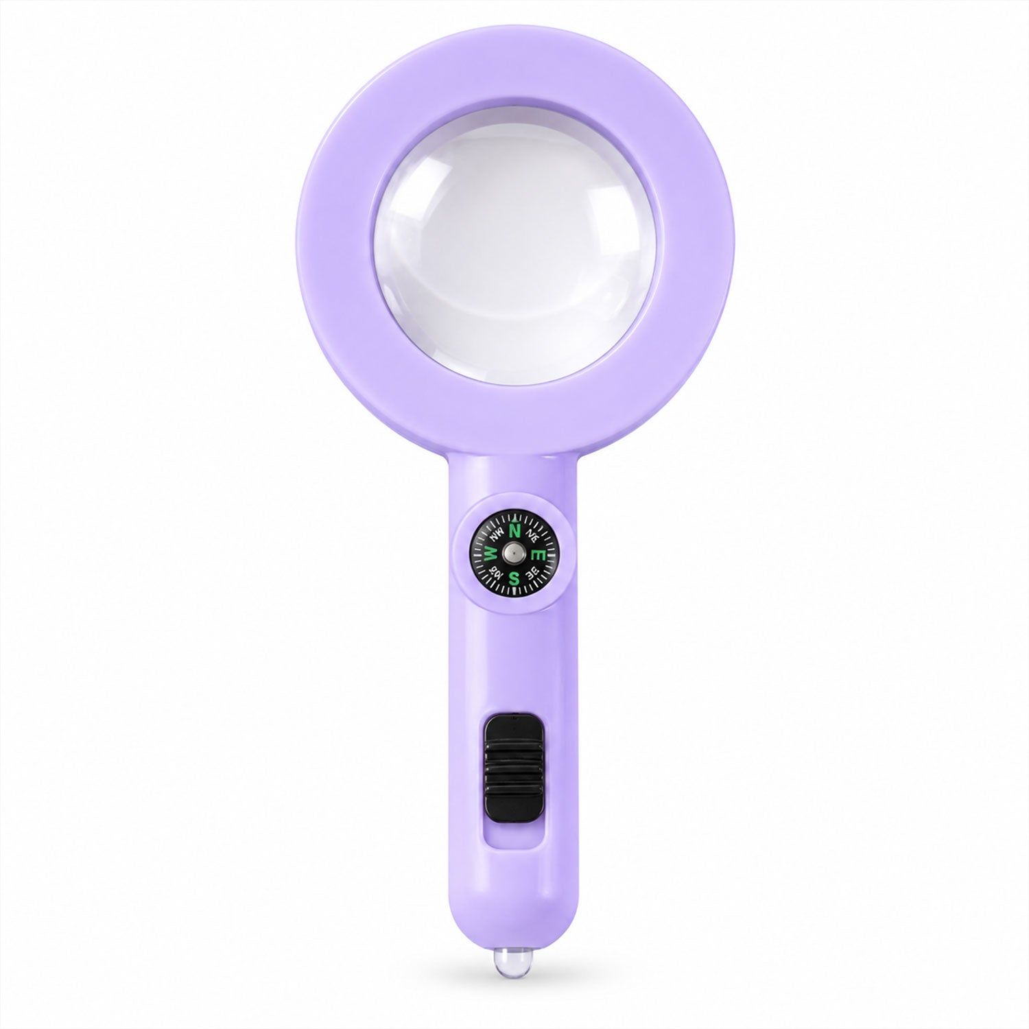A purple magnifying glass with a built-in compass and black power switch is centered on a plain white background.